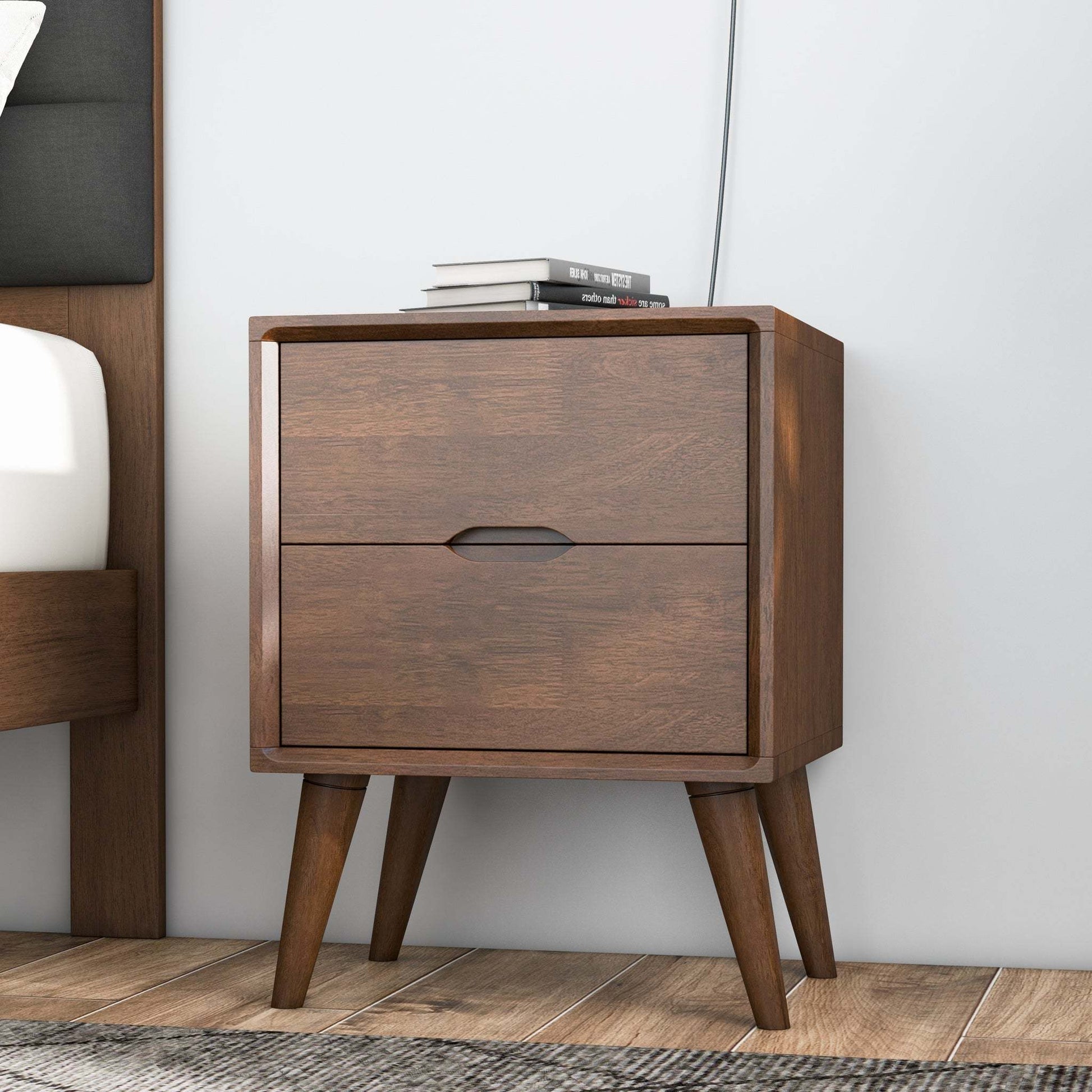 Alexandra Mid-Century Modern Night Stand with 2 Drawers in Walnut Brown Solid Wood 24.8'H x 17.7'W x 15.7'D FredCo