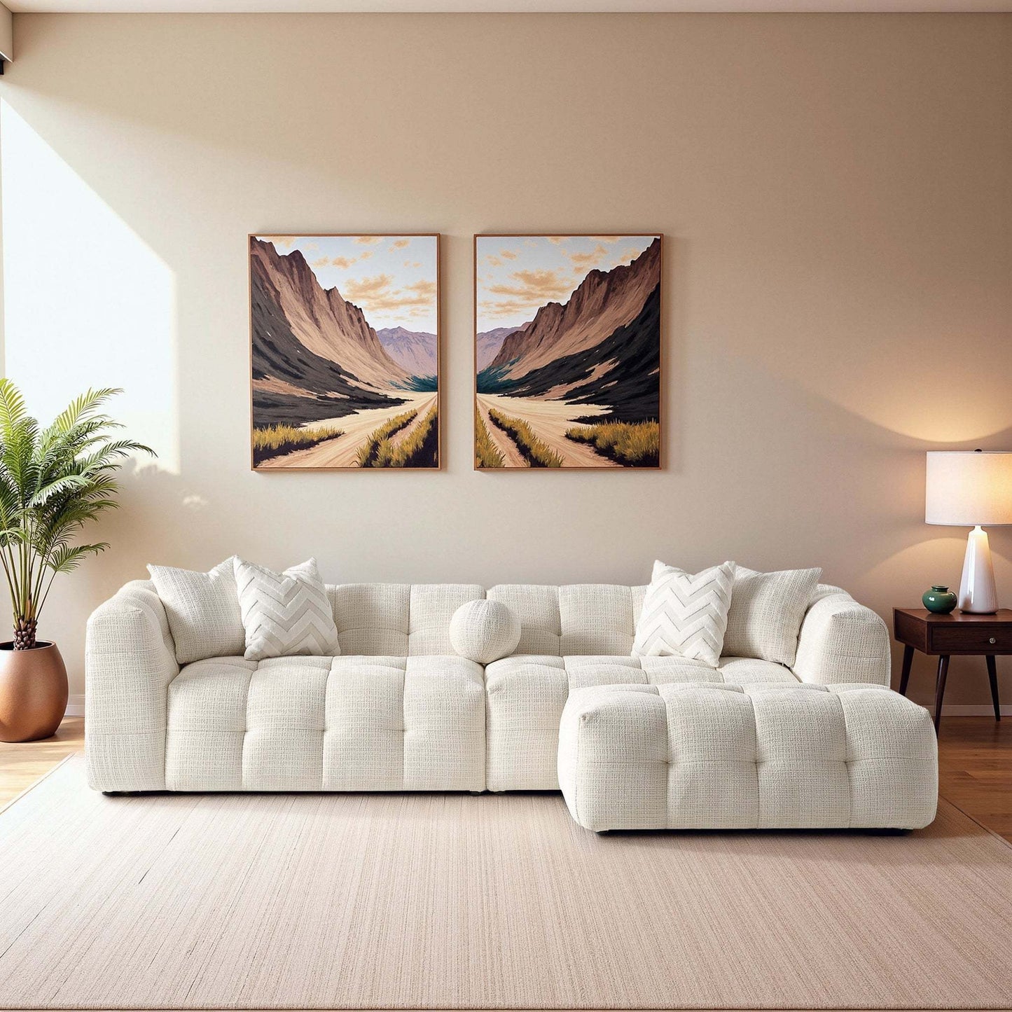 Alana Tufted Ivory Chenille Modular Sectional Sofa with Reconfigurable Layouts and Soft Upholstery FredCo