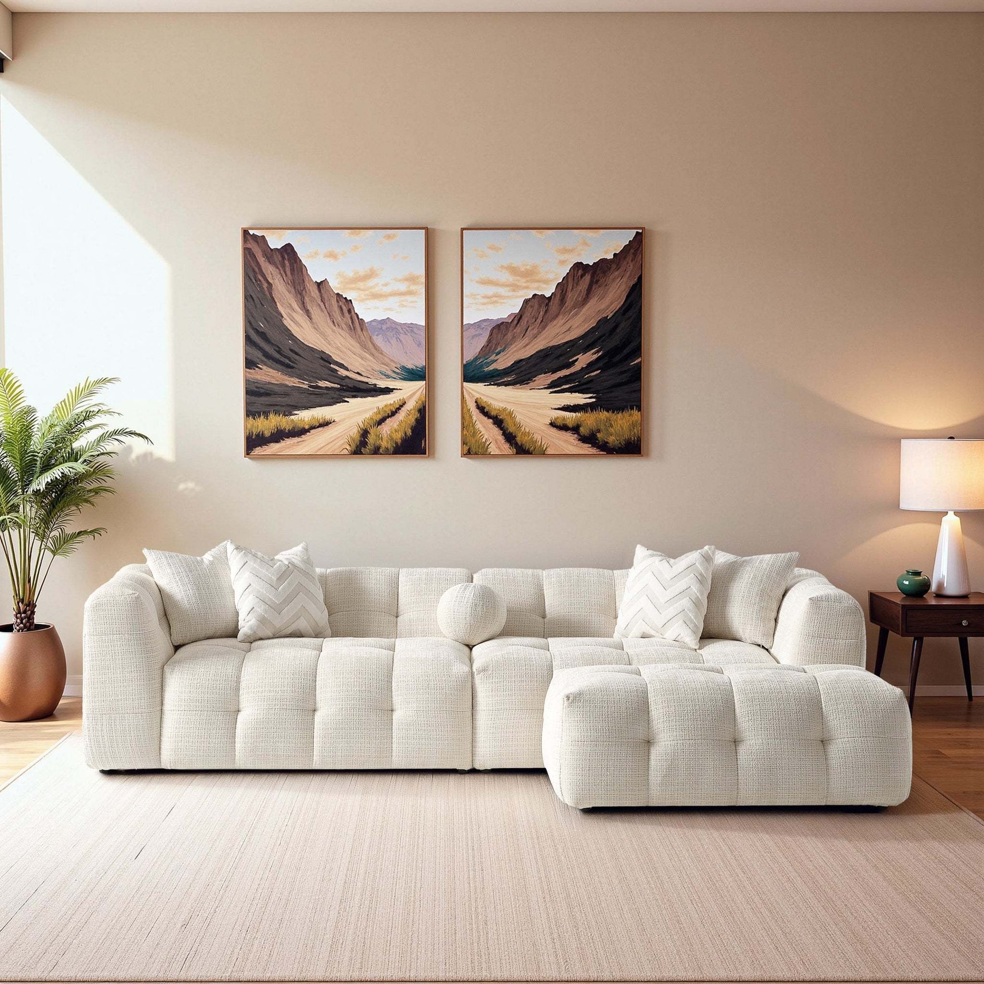 Alana Tufted Ivory Chenille Modular Sectional Sofa with Reconfigurable Layouts and Soft Upholstery FredCo