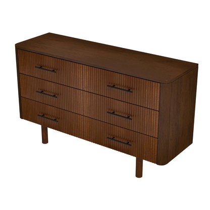 Mid-century modern wooden dresser with three drawers and ribbed front, sold by FredCo International