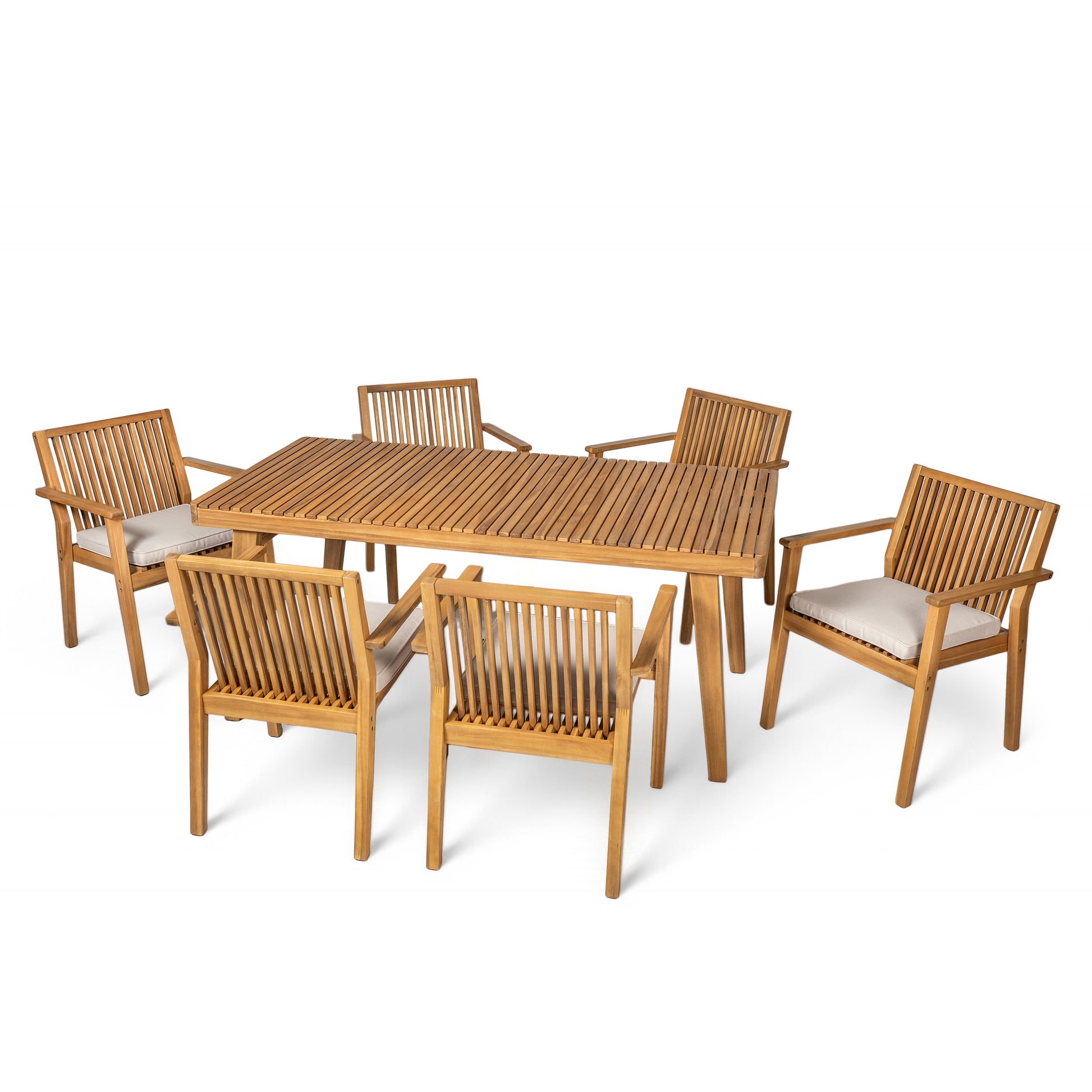 Durable 7 - Piece Patio Furniture Set Acacia Wood Table and 6 Heavy-Duty Cushioned Chairs, Natural FredCo