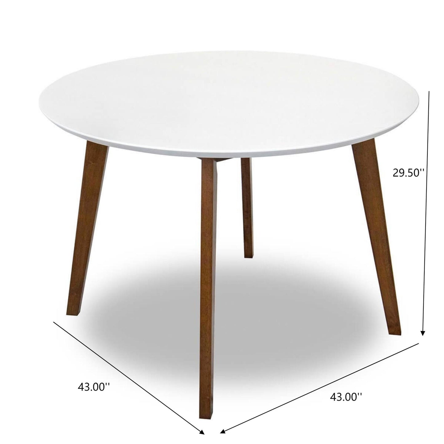 Modern round white dining table with wooden legs, 43-inch diameter, 29.5-inch height, FredCo International furniture