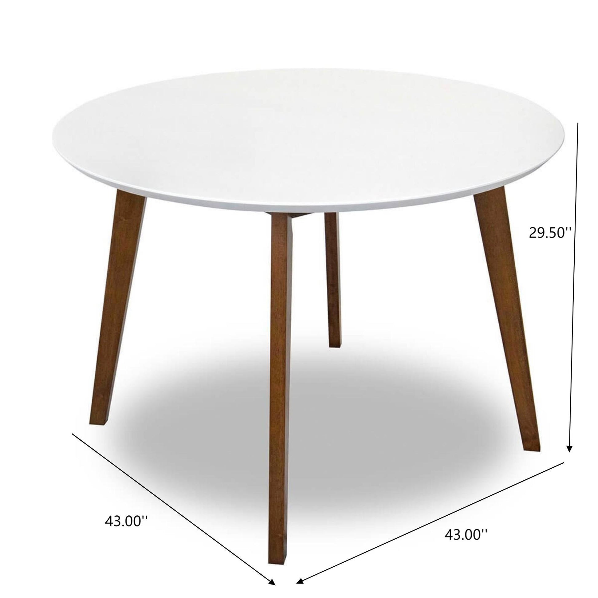 Modern round white dining table with wooden legs, 43-inch diameter, 29.5-inch height, FredCo International furniture