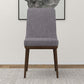 Modern gray upholstered dining chair with wooden legs on rug, FredCo International furniture