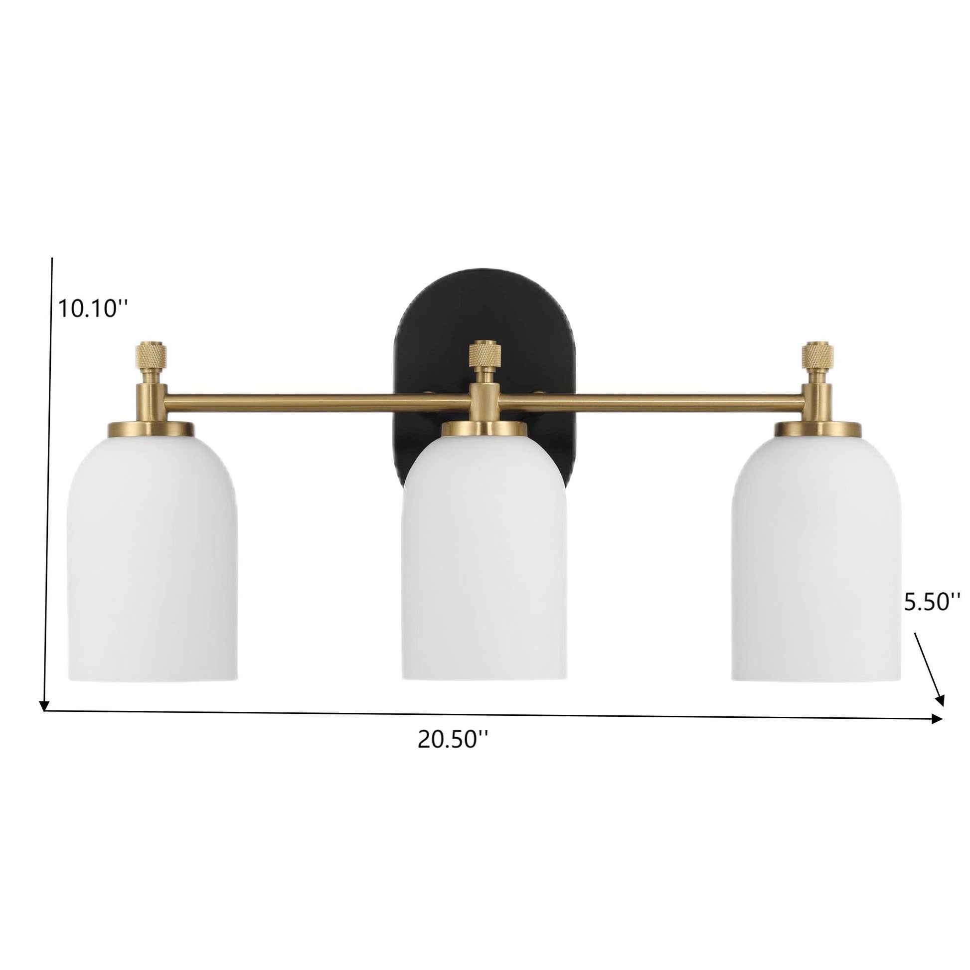 Modern three-light brass and black wall sconce with white glass shades, home lighting, 20.5 inches wide.