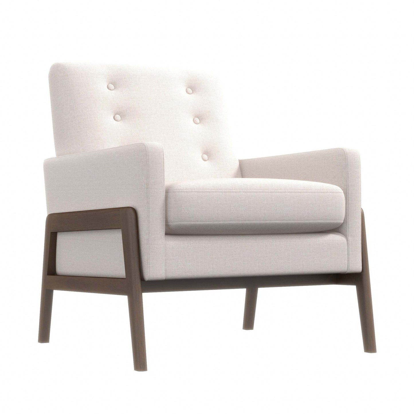 Modern white armchair with button-tufted back and wooden legs, FredCo International furniture