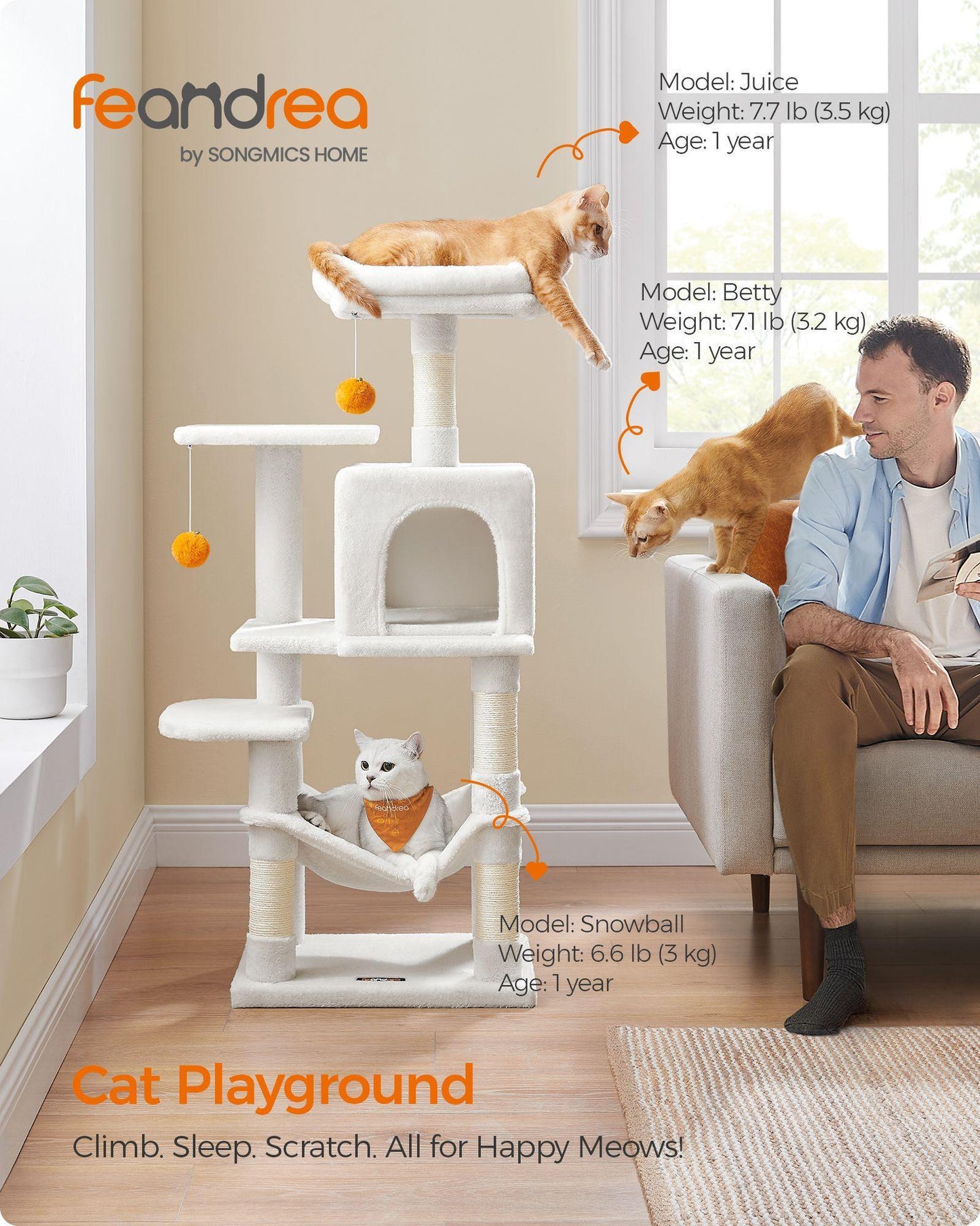 44.1-Inch Cat Tree Cream White FredCo