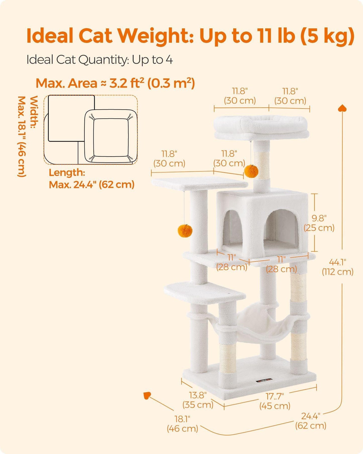 44.1-Inch Cat Tree Cream White FredCo
