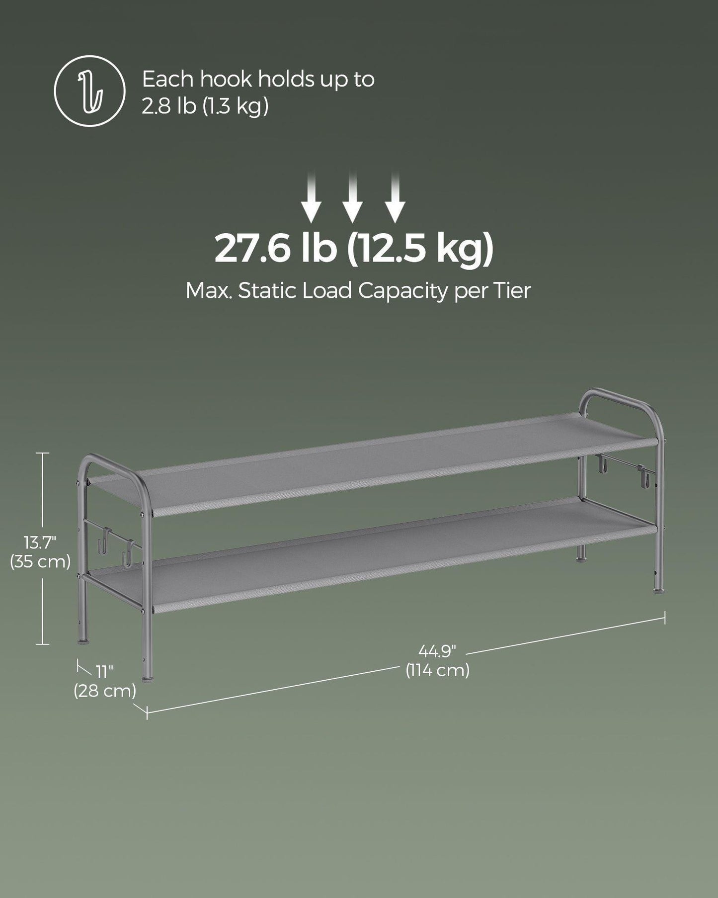 44.9" Wide 2-Tier Fabric Shoe Rack with 4 Hooks Dove Gray FredCo