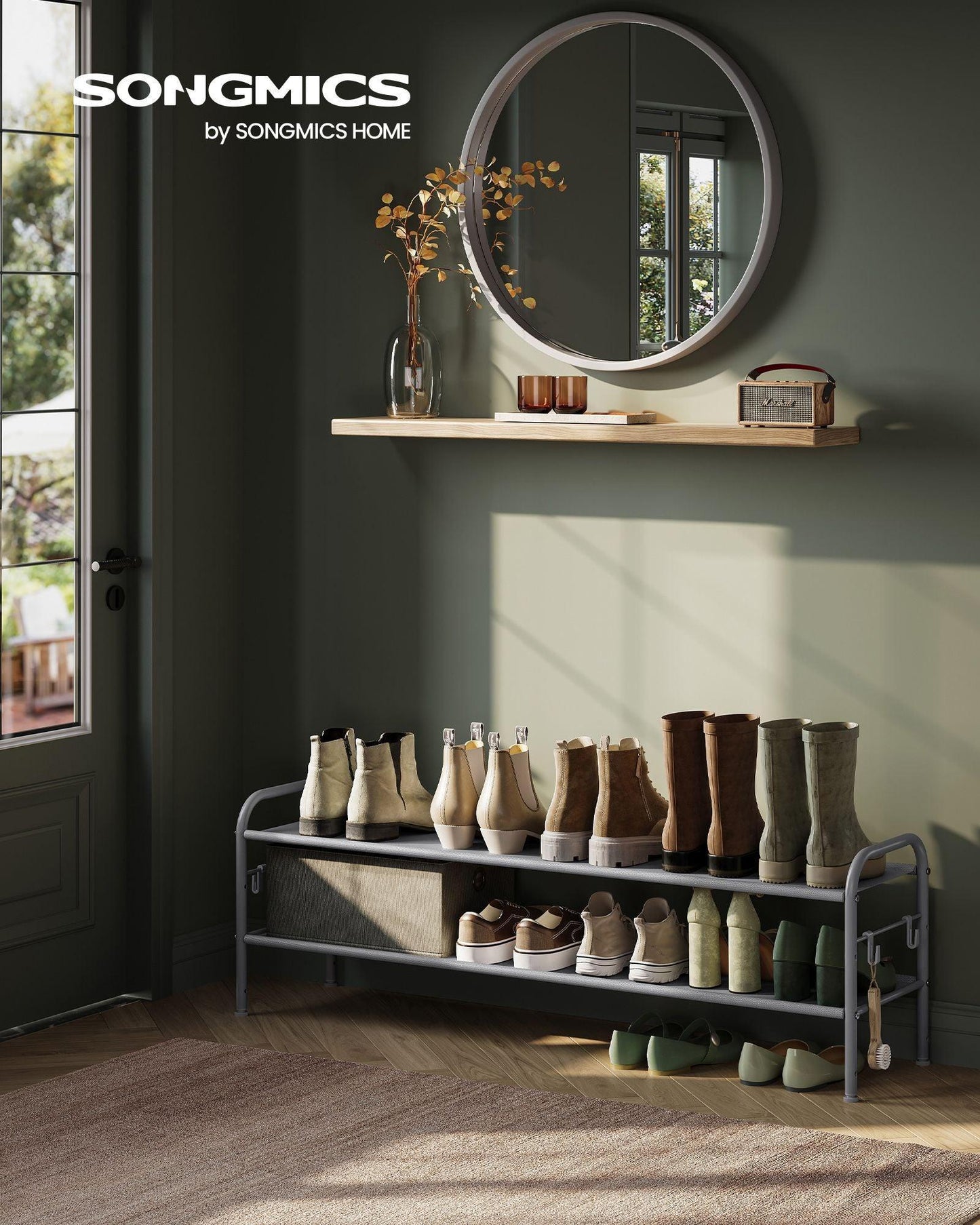 44.9" Wide 2-Tier Fabric Shoe Rack with 4 Hooks Dove Gray FredCo