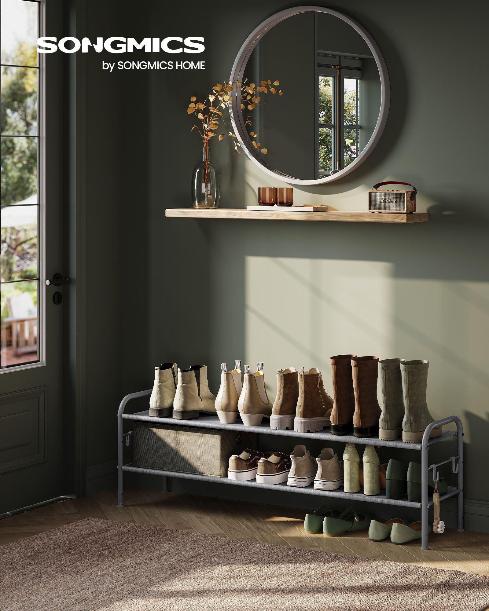 44.9" Wide 2-Tier Fabric Shoe Rack with 4 Hooks Dove Gray FredCo