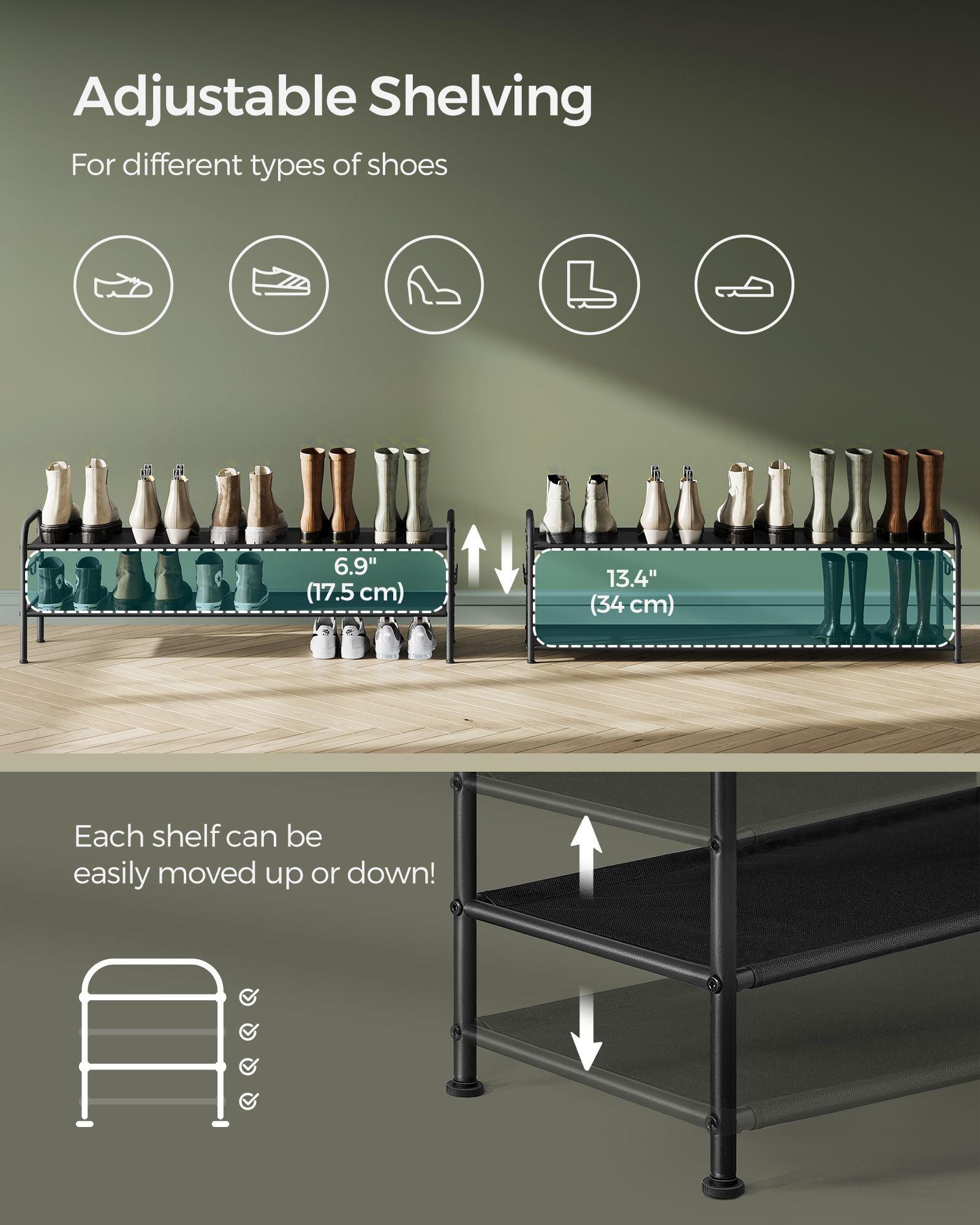 44.9" Wide 2-Tier Fabric Shoe Rack with 4 Hooks Ink Black FredCo