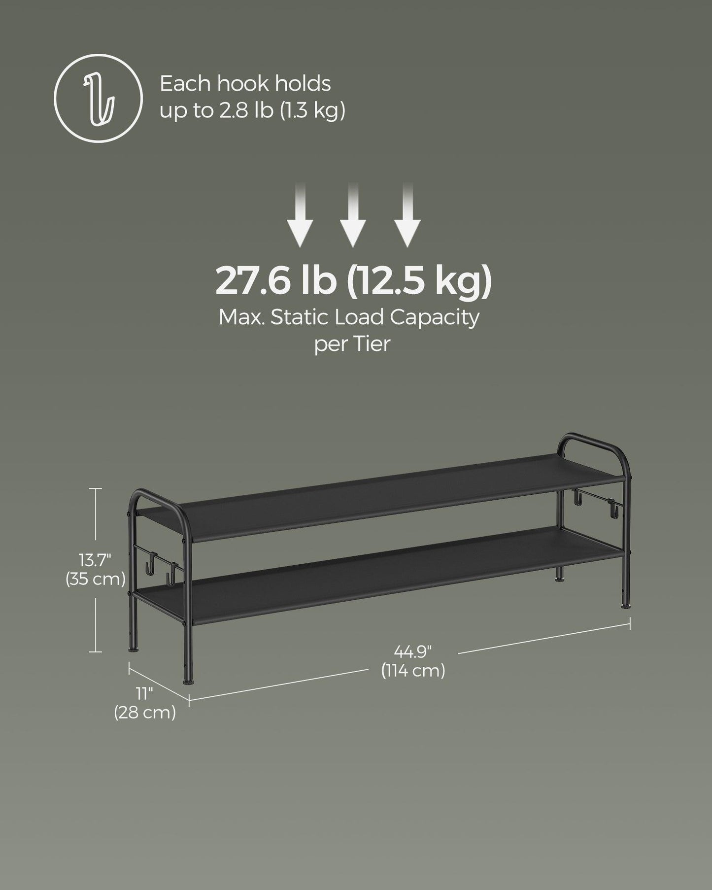 44.9" Wide 2-Tier Fabric Shoe Rack with 4 Hooks Ink Black FredCo