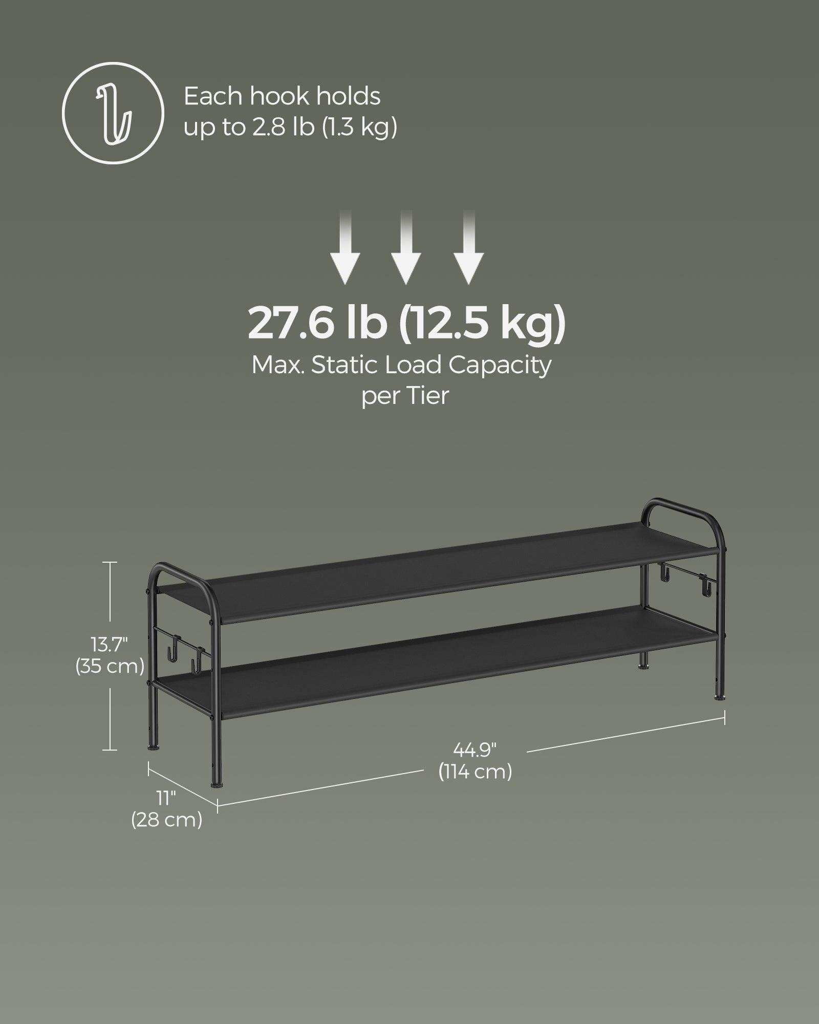 44.9" Wide 2-Tier Fabric Shoe Rack with 4 Hooks Ink Black FredCo