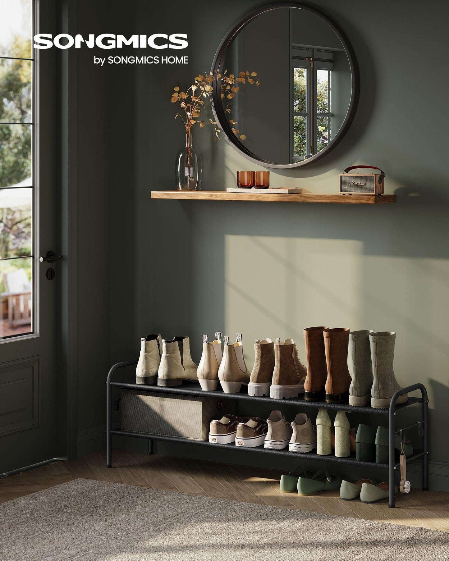 44.9" Wide 2-Tier Fabric Shoe Rack with 4 Hooks Ink Black FredCo