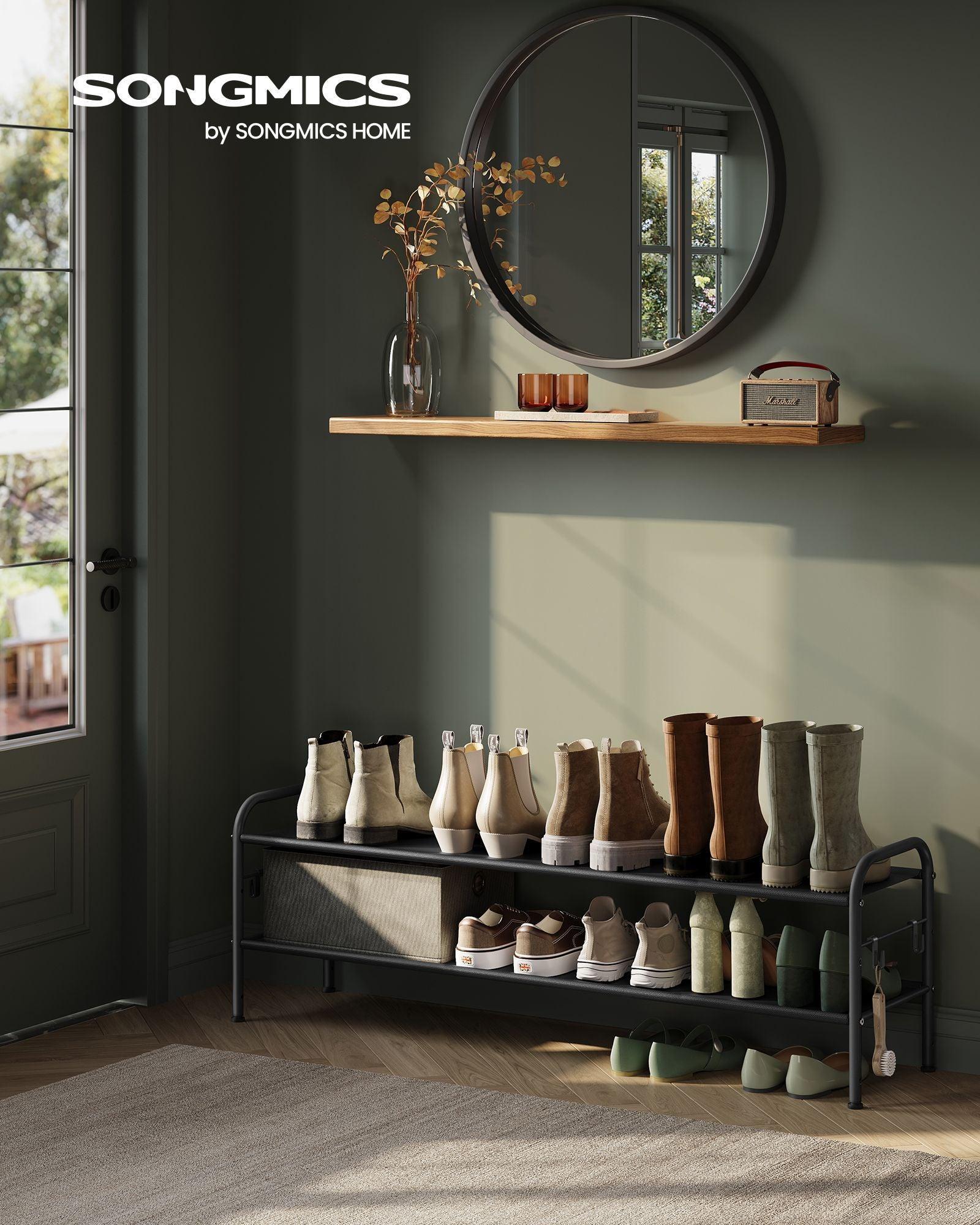 44.9" Wide 2-Tier Fabric Shoe Rack with 4 Hooks Ink Black FredCo