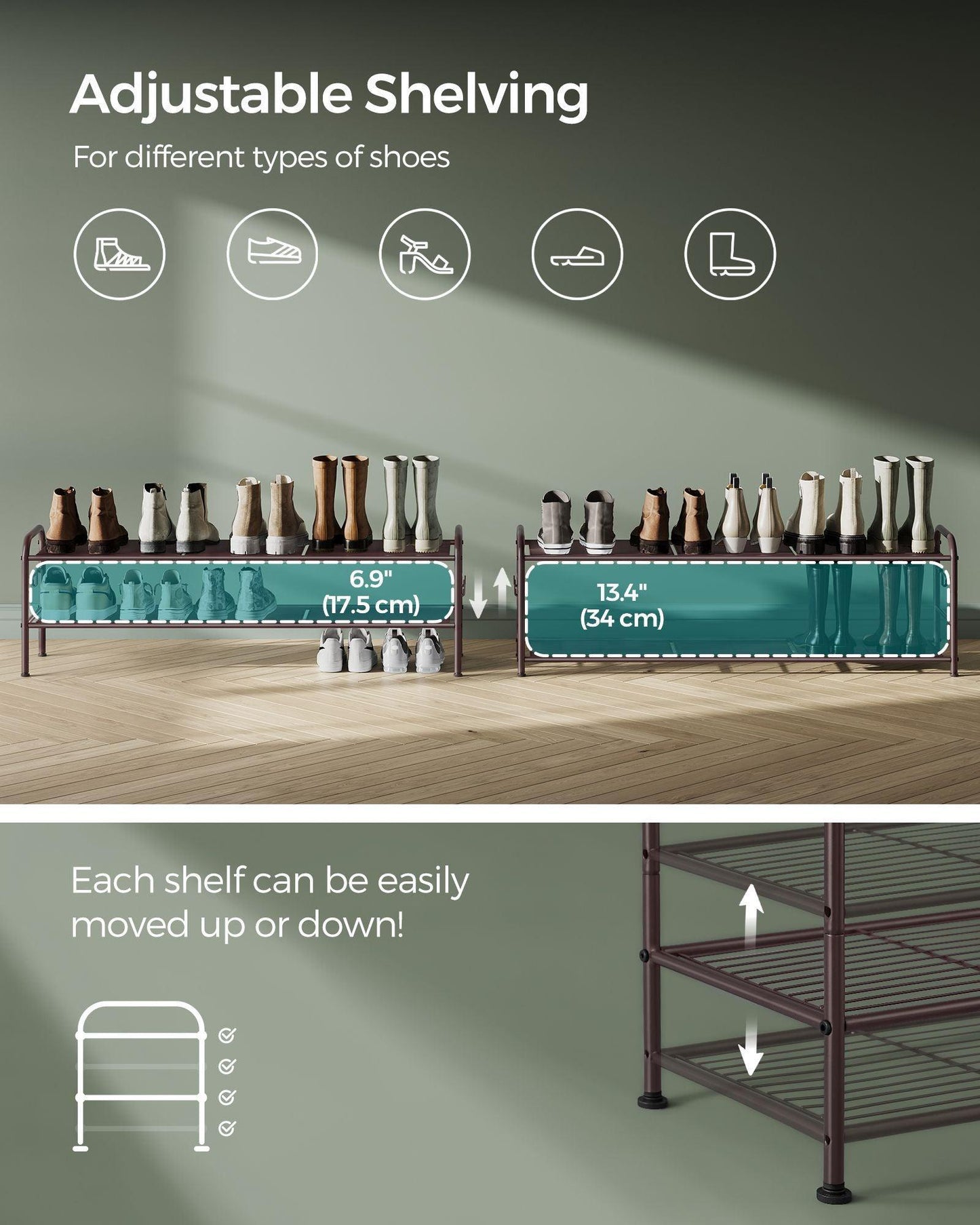 44.9" Wide 2-Tier Metal Shoe Rack Chestnut Brown FredCo