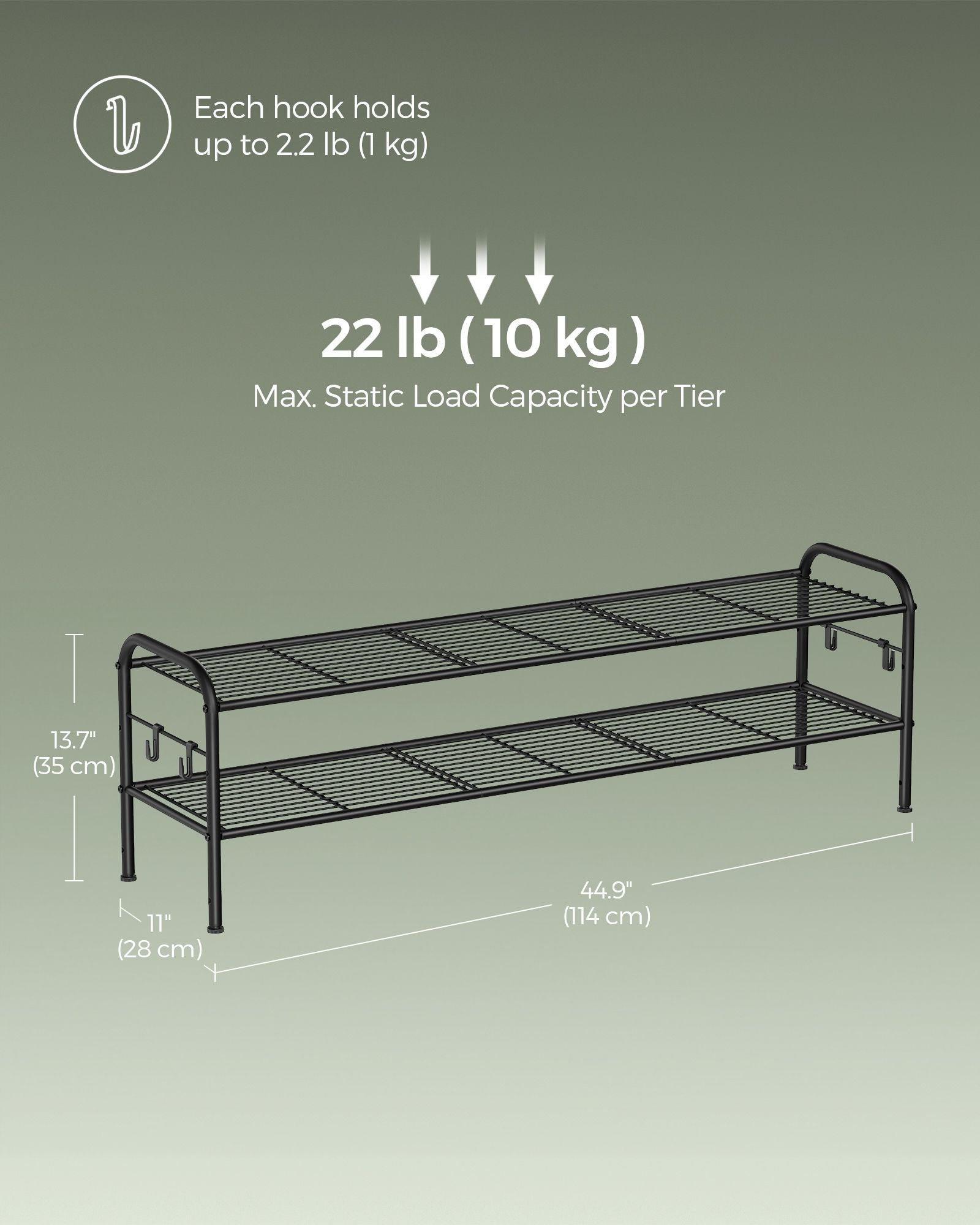 44.9" Wide 2-Tier Metal Shoe Rack with 4 Hooks Ink Black FredCo
