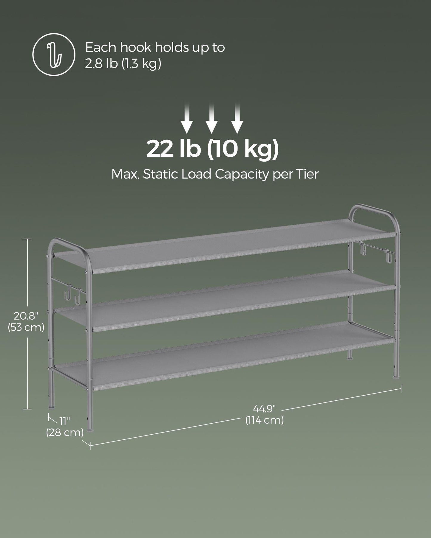 44.9" Wide 3-Tier Fabric Shoe Rack with 4 Hooks Dove Gray FredCo