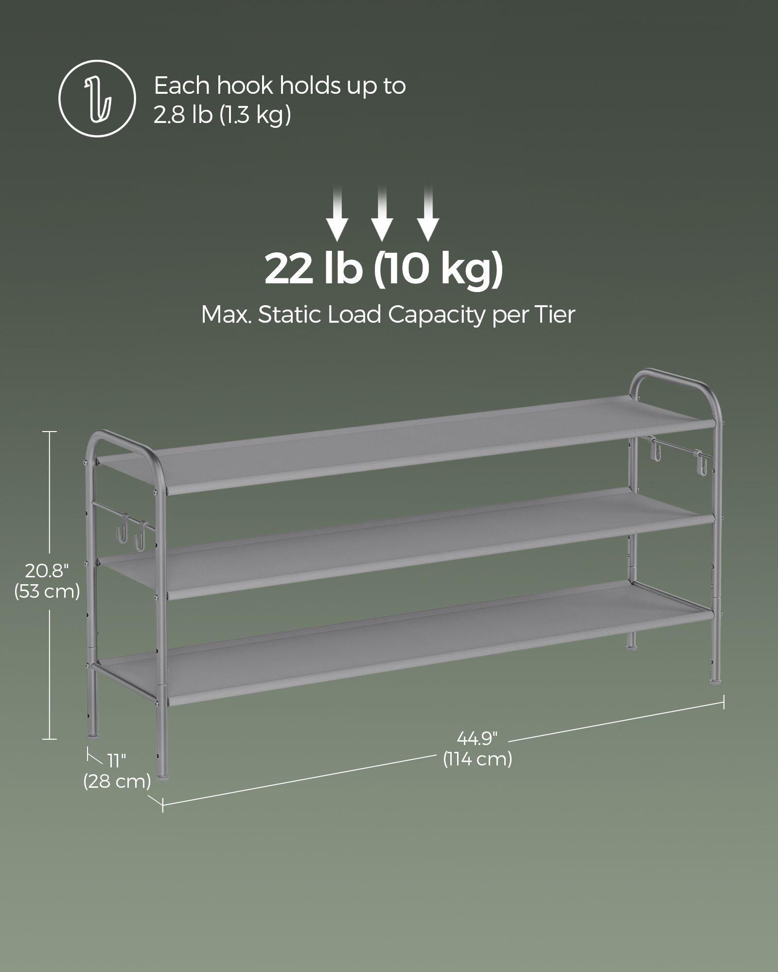 44.9" Wide 3-Tier Fabric Shoe Rack with 4 Hooks Dove Gray FredCo