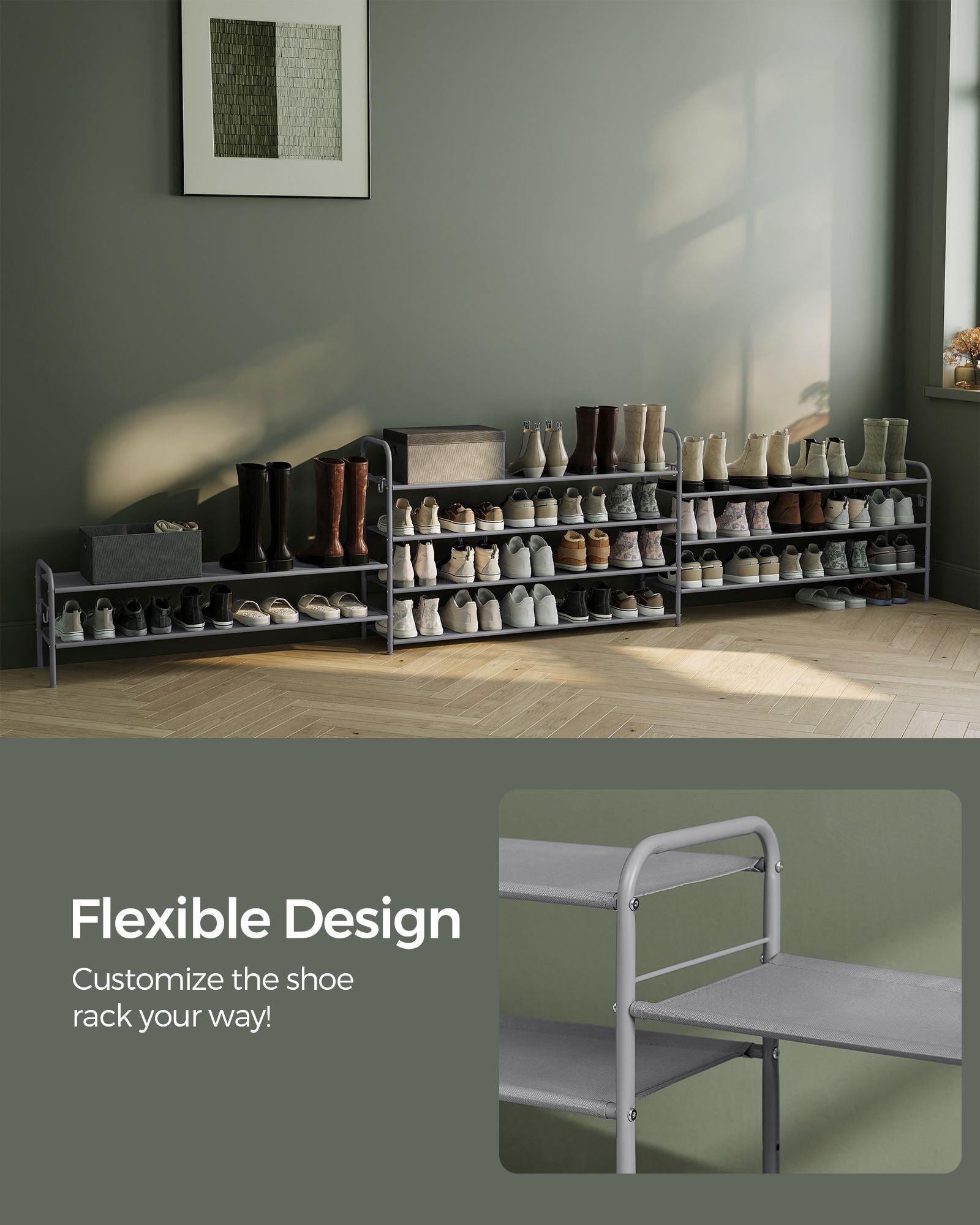 44.9" Wide 3-Tier Fabric Shoe Rack with 4 Hooks Dove Gray FredCo