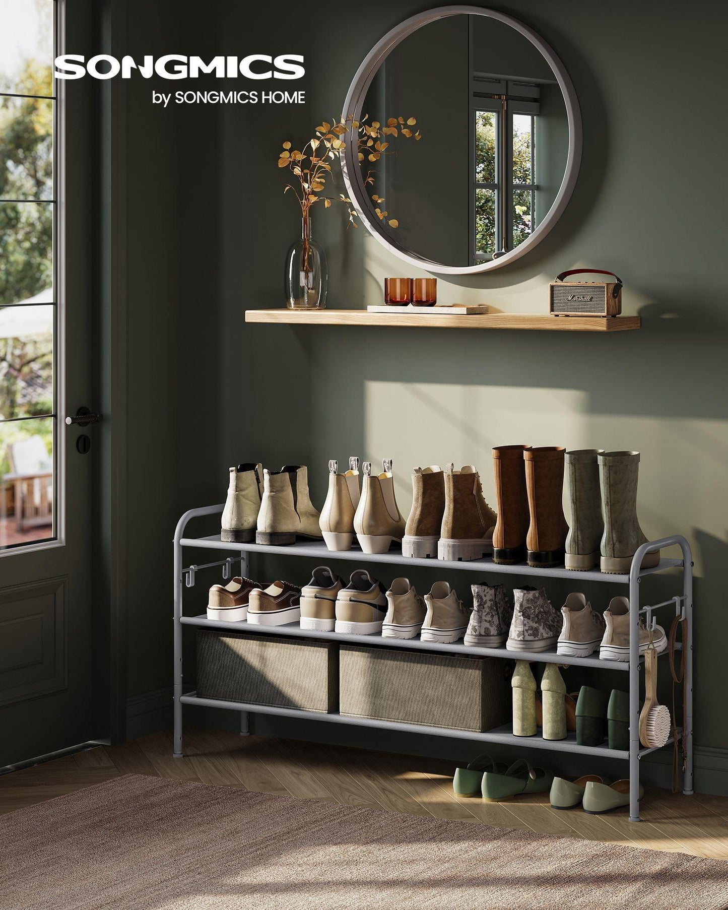 44.9" Wide 3-Tier Fabric Shoe Rack with 4 Hooks Dove Gray FredCo