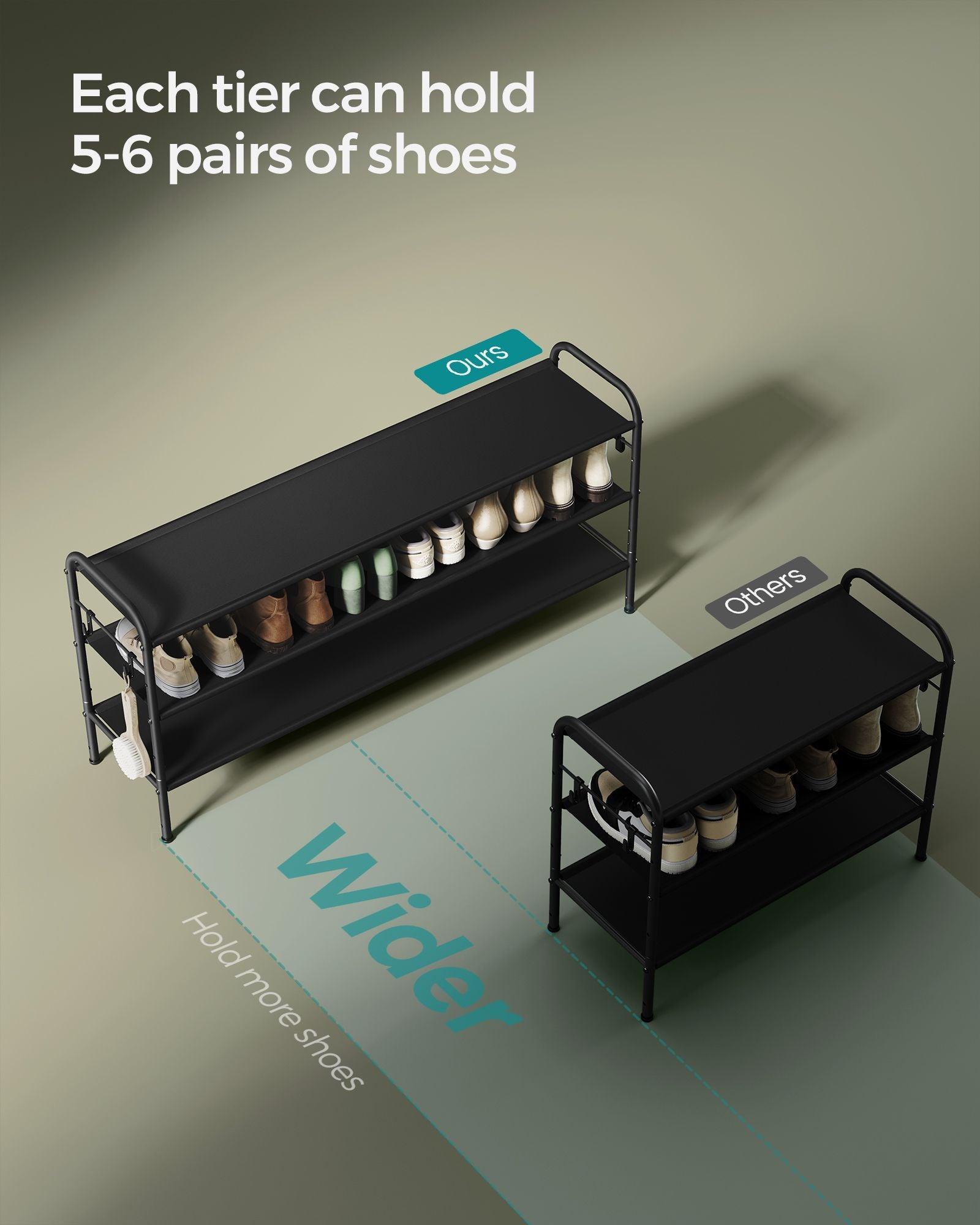 44.9" Wide 3-Tier Fabric Shoe Rack with 4 Hooks Ink Black FredCo