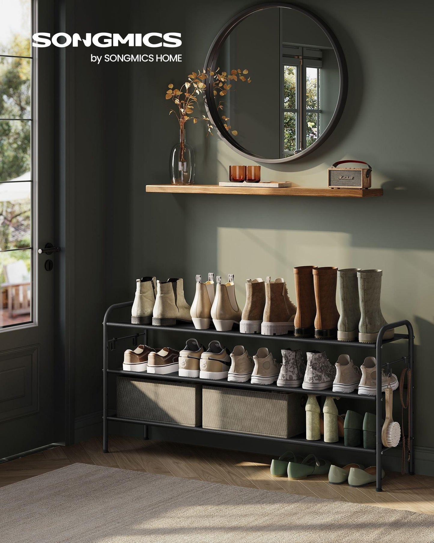 44.9" Wide 3-Tier Fabric Shoe Rack with 4 Hooks Ink Black FredCo