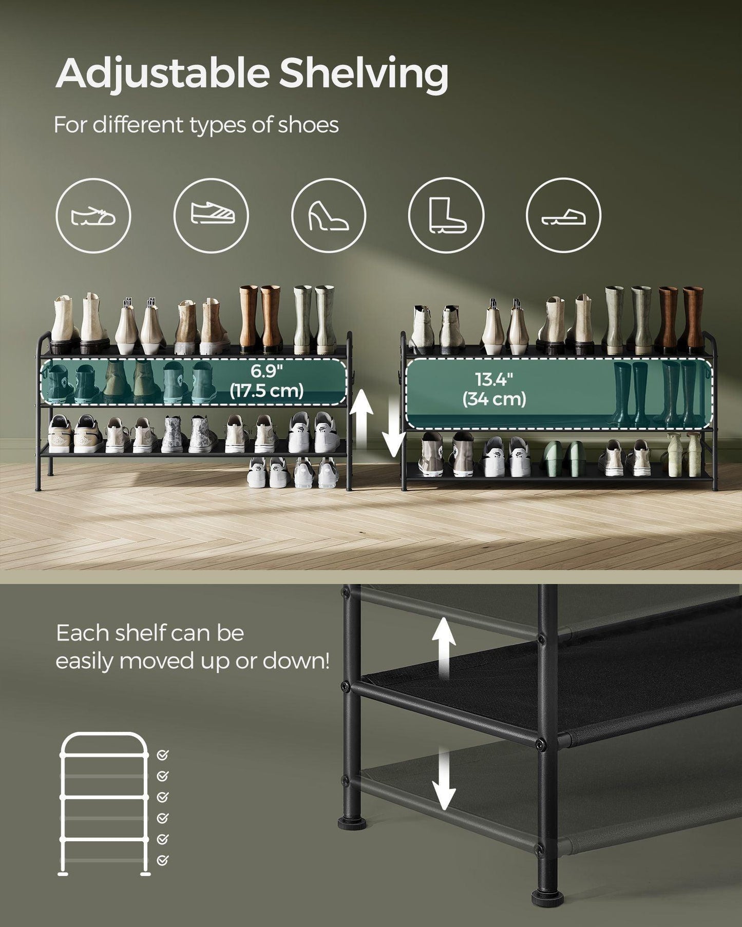 44.9" Wide 3-Tier Fabric Shoe Rack with 4 Hooks Ink Black FredCo