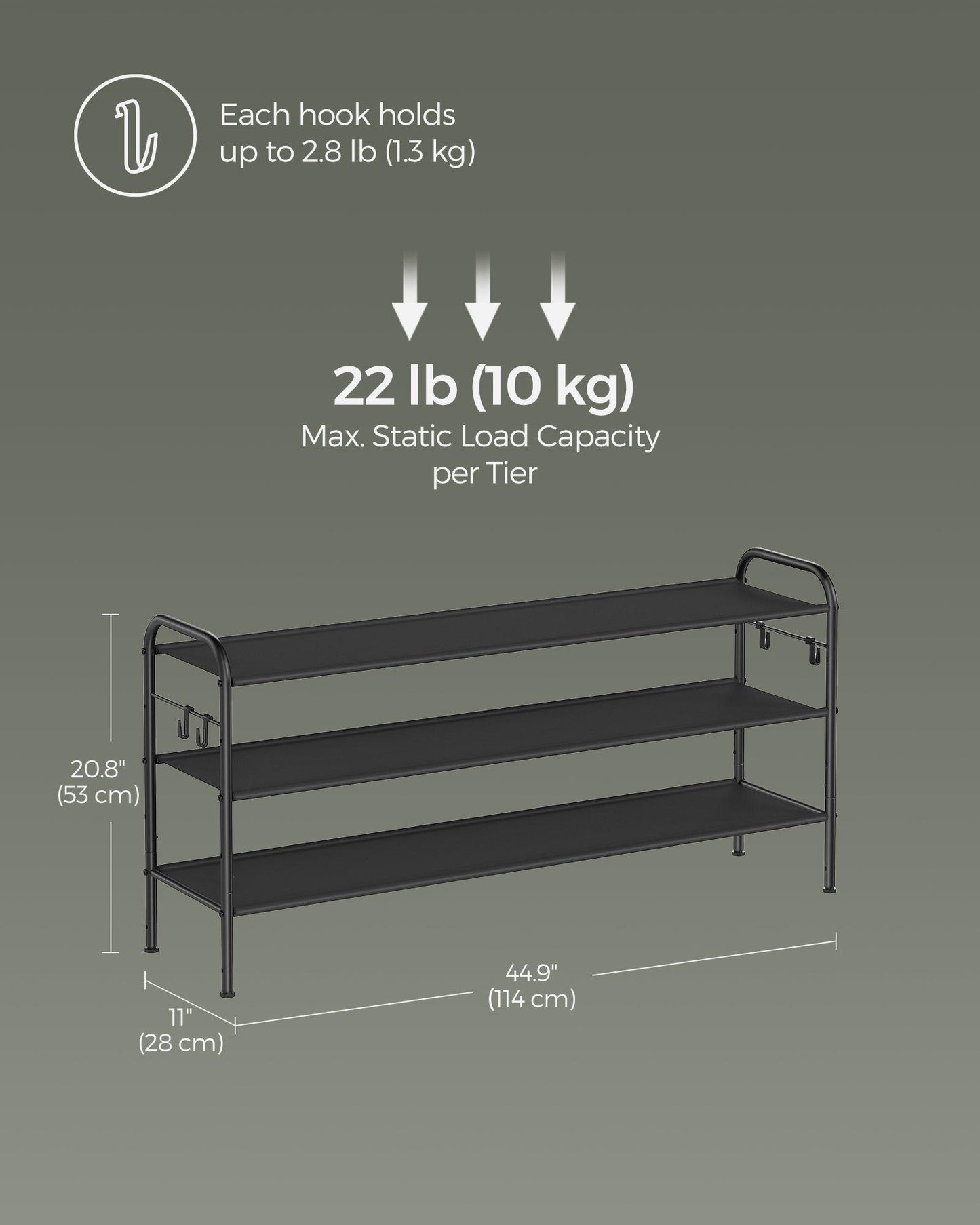 44.9" Wide 3-Tier Fabric Shoe Rack with 4 Hooks Ink Black FredCo