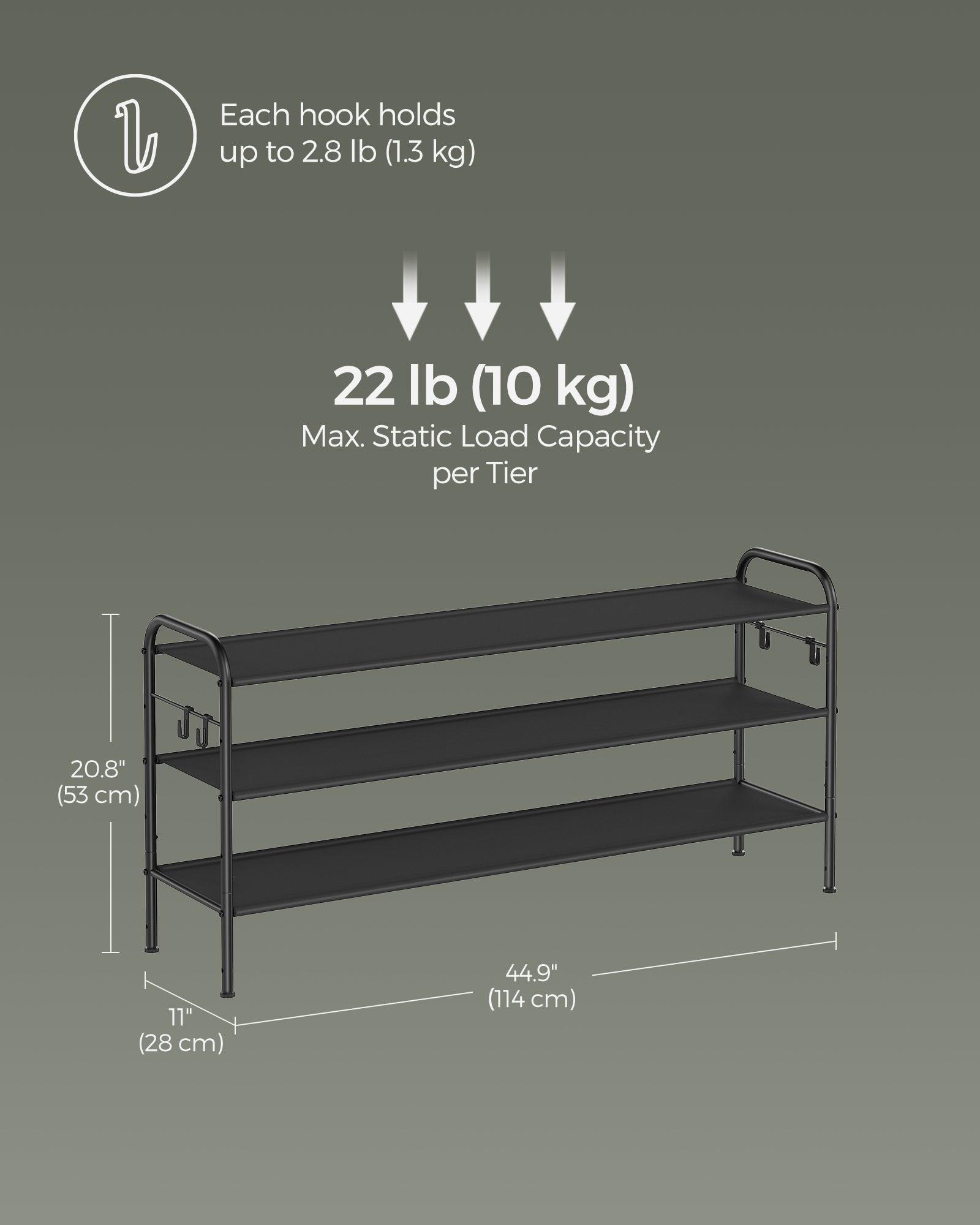 44.9" Wide 3-Tier Fabric Shoe Rack with 4 Hooks Ink Black FredCo