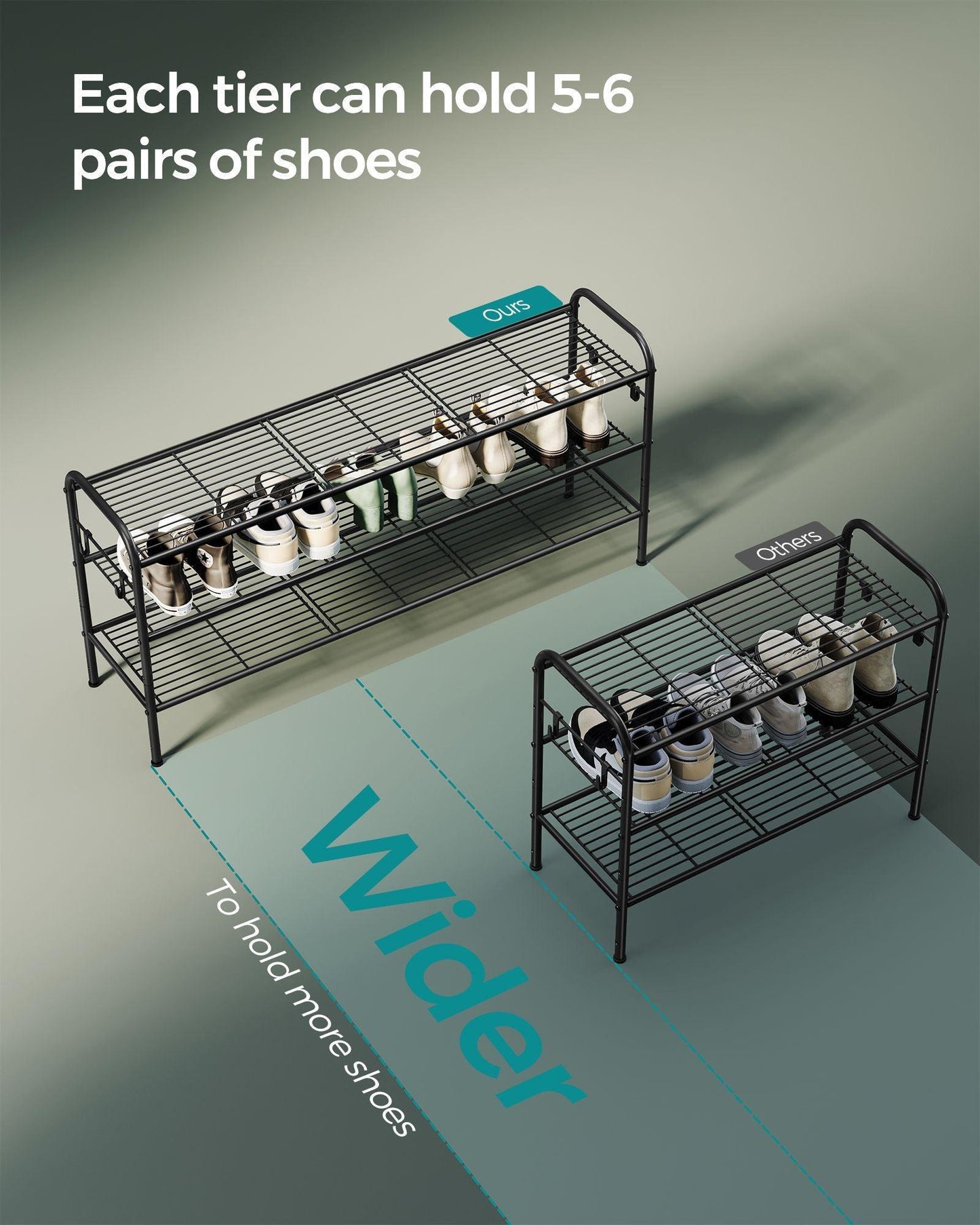 44.9" Wide 3-Tier Metal Shoe Rack with 4 Hooks Ink Black FredCo