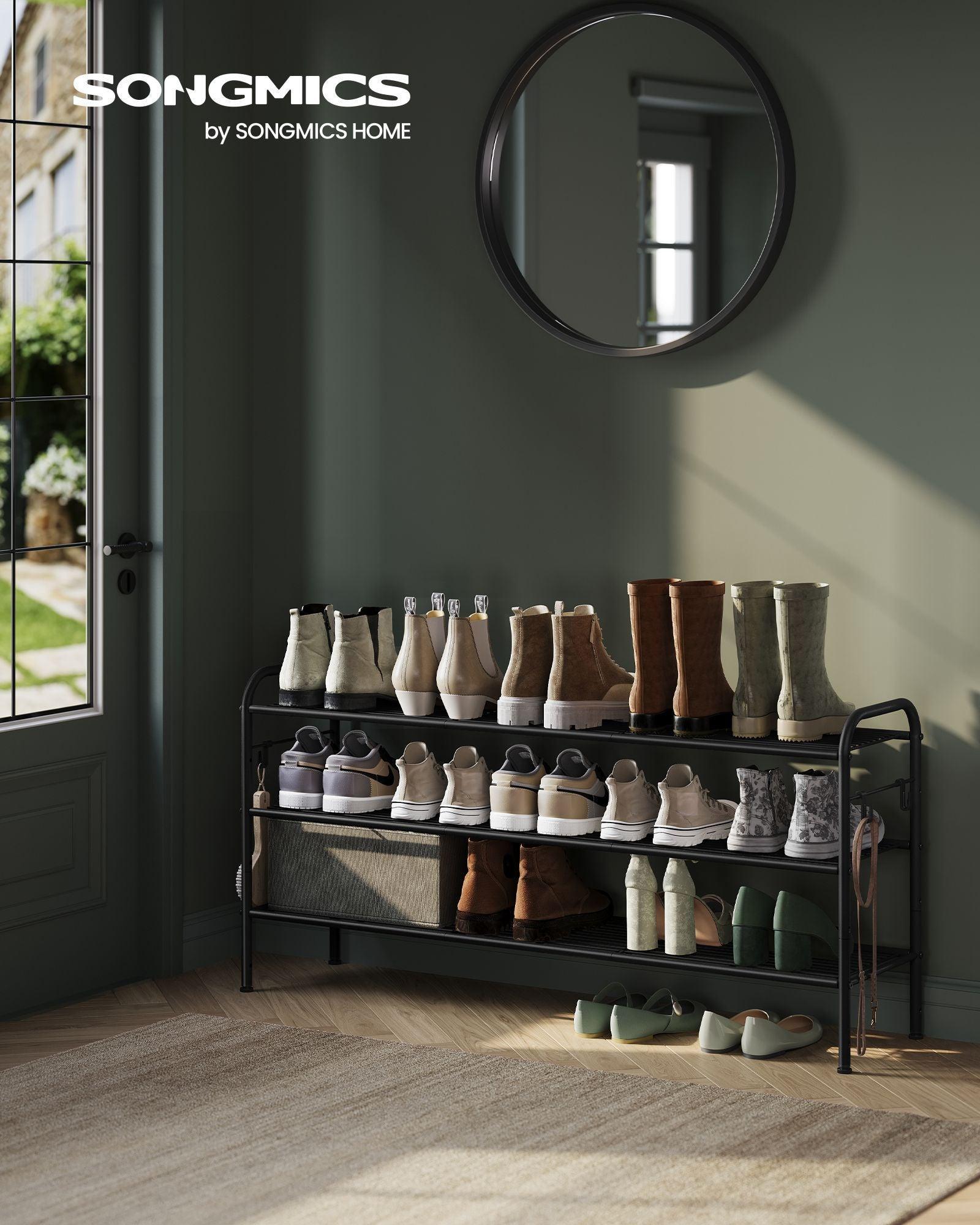 44.9" Wide 3-Tier Metal Shoe Rack with 4 Hooks Ink Black FredCo
