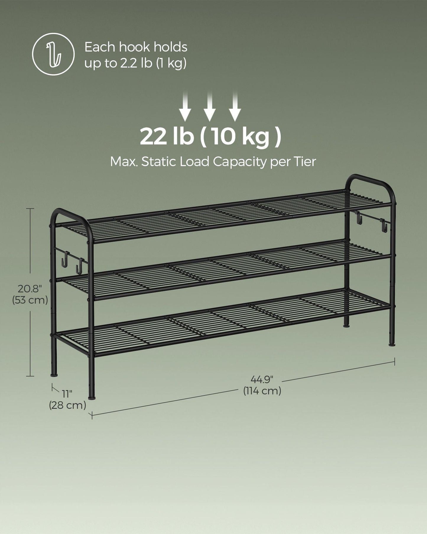 44.9" Wide 3-Tier Metal Shoe Rack with 4 Hooks Ink Black FredCo