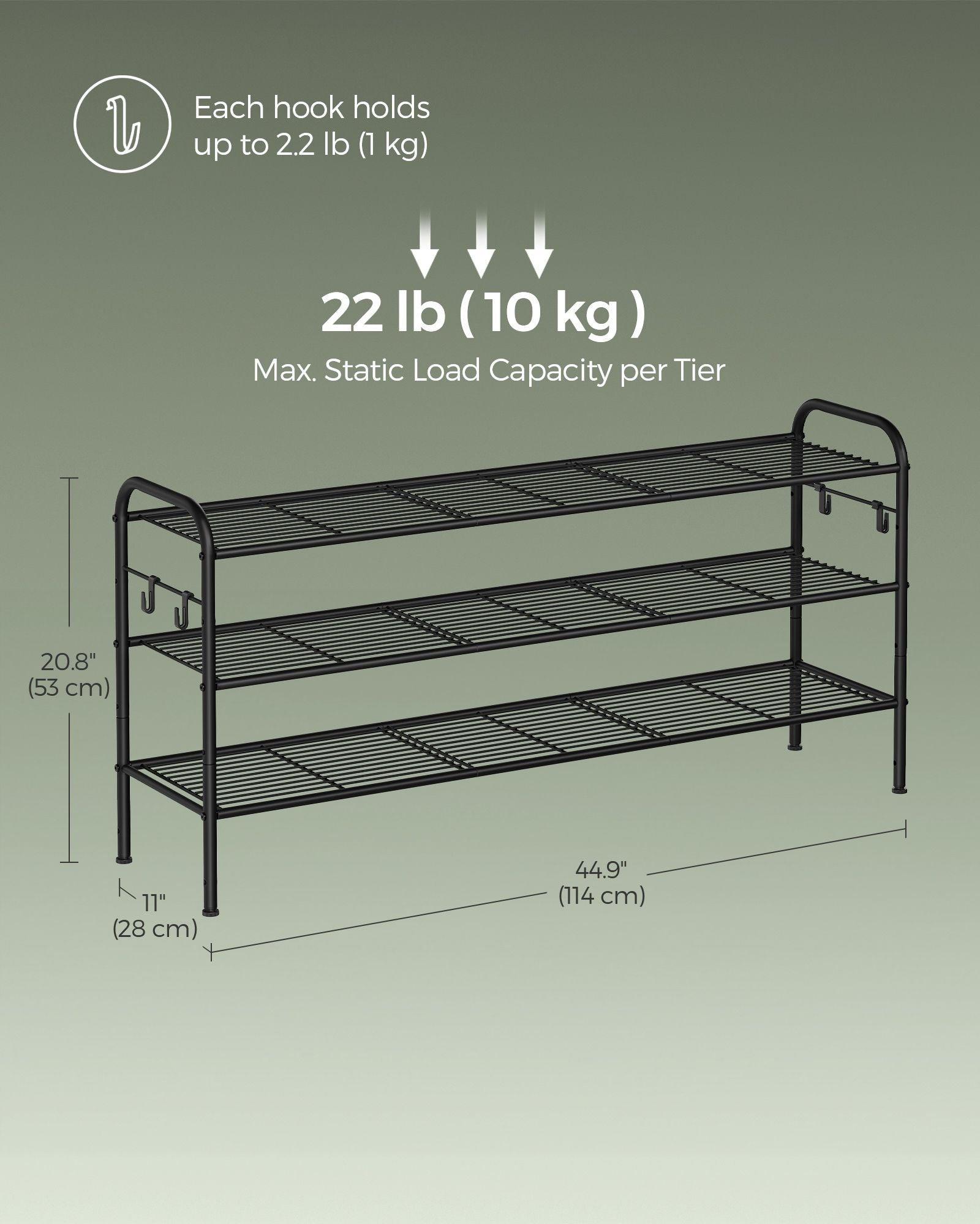 44.9" Wide 3-Tier Metal Shoe Rack with 4 Hooks Ink Black FredCo