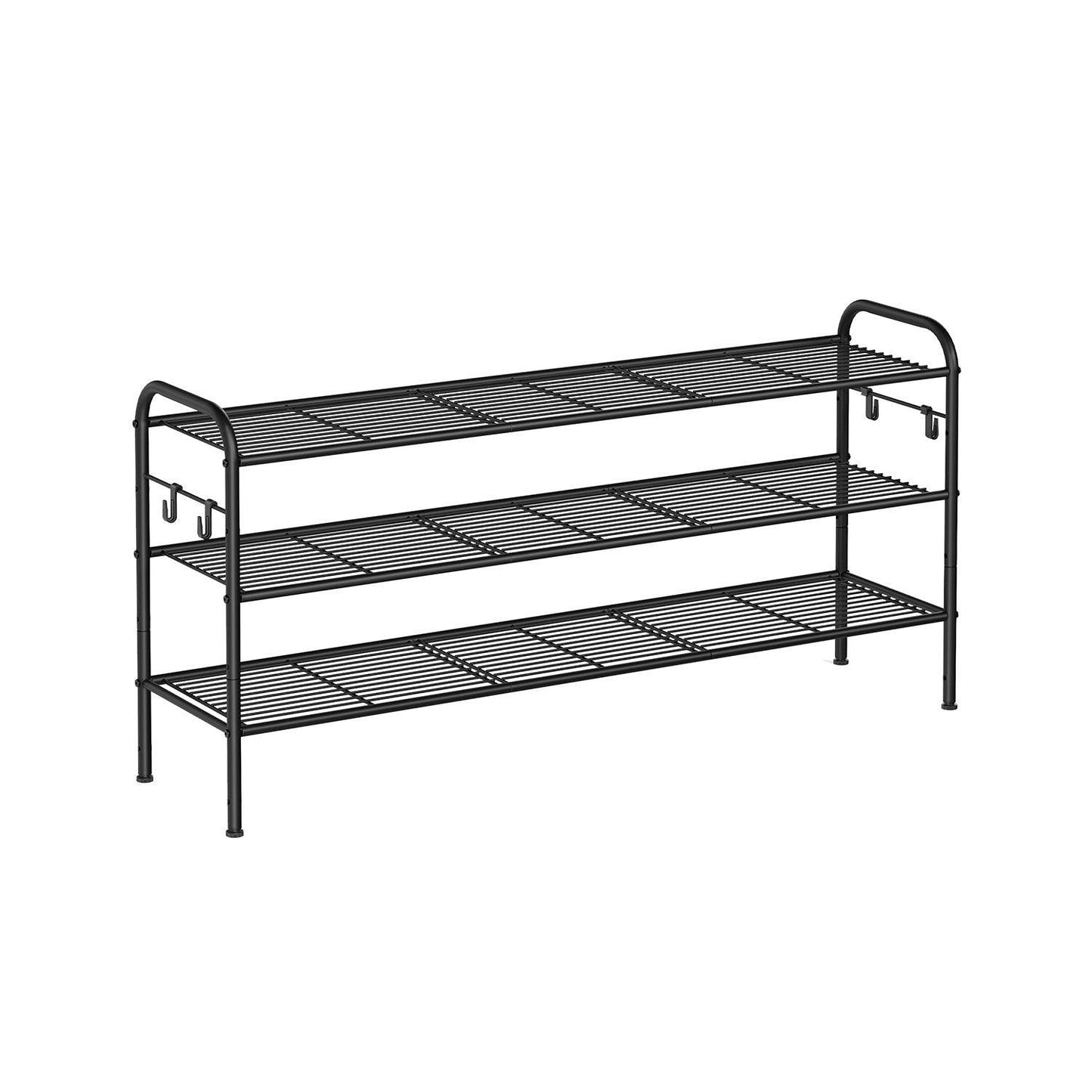 44.9" Wide 3-Tier Metal Shoe Rack with 4 Hooks Ink Black FredCo