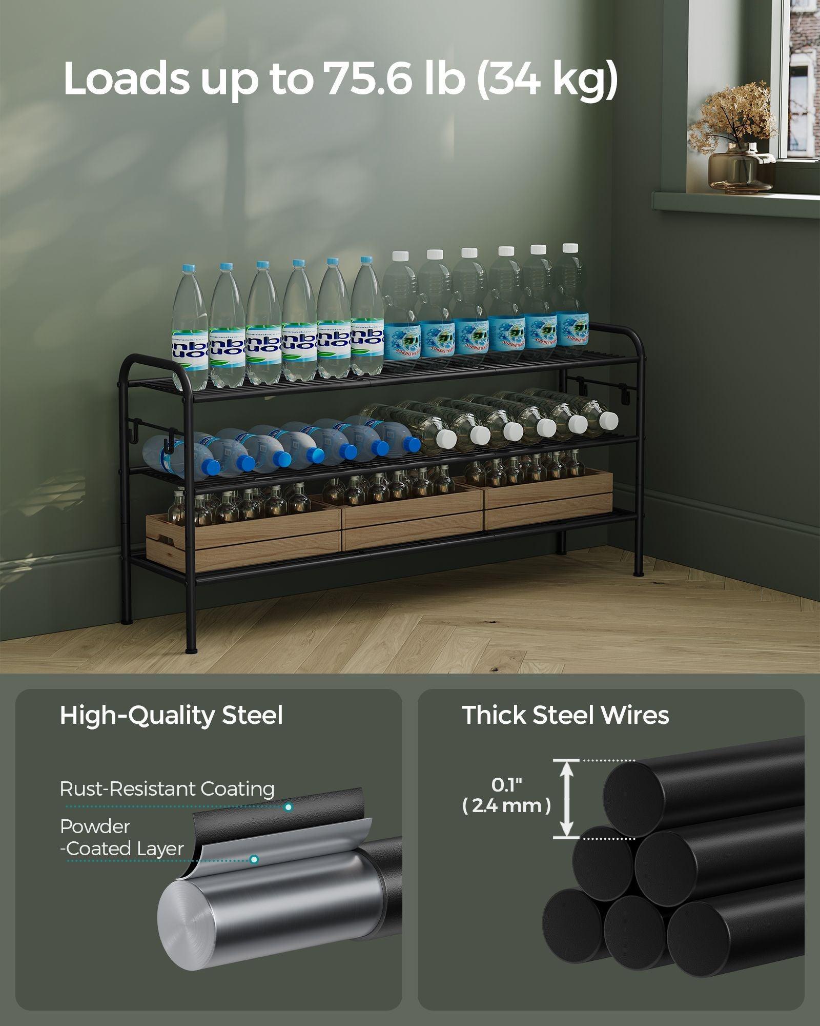 44.9" Wide 3-Tier Metal Shoe Rack with 4 Hooks Ink Black FredCo