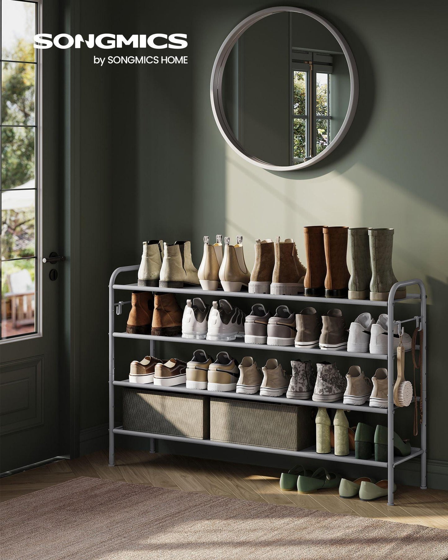44.9" Wide 4-Tier Fabric Shoe Rack with 4 Hooks Dove Gray FredCo