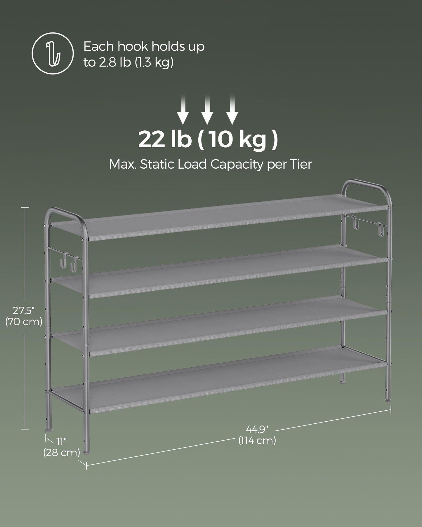 44.9" Wide 4-Tier Fabric Shoe Rack with 4 Hooks Dove Gray FredCo