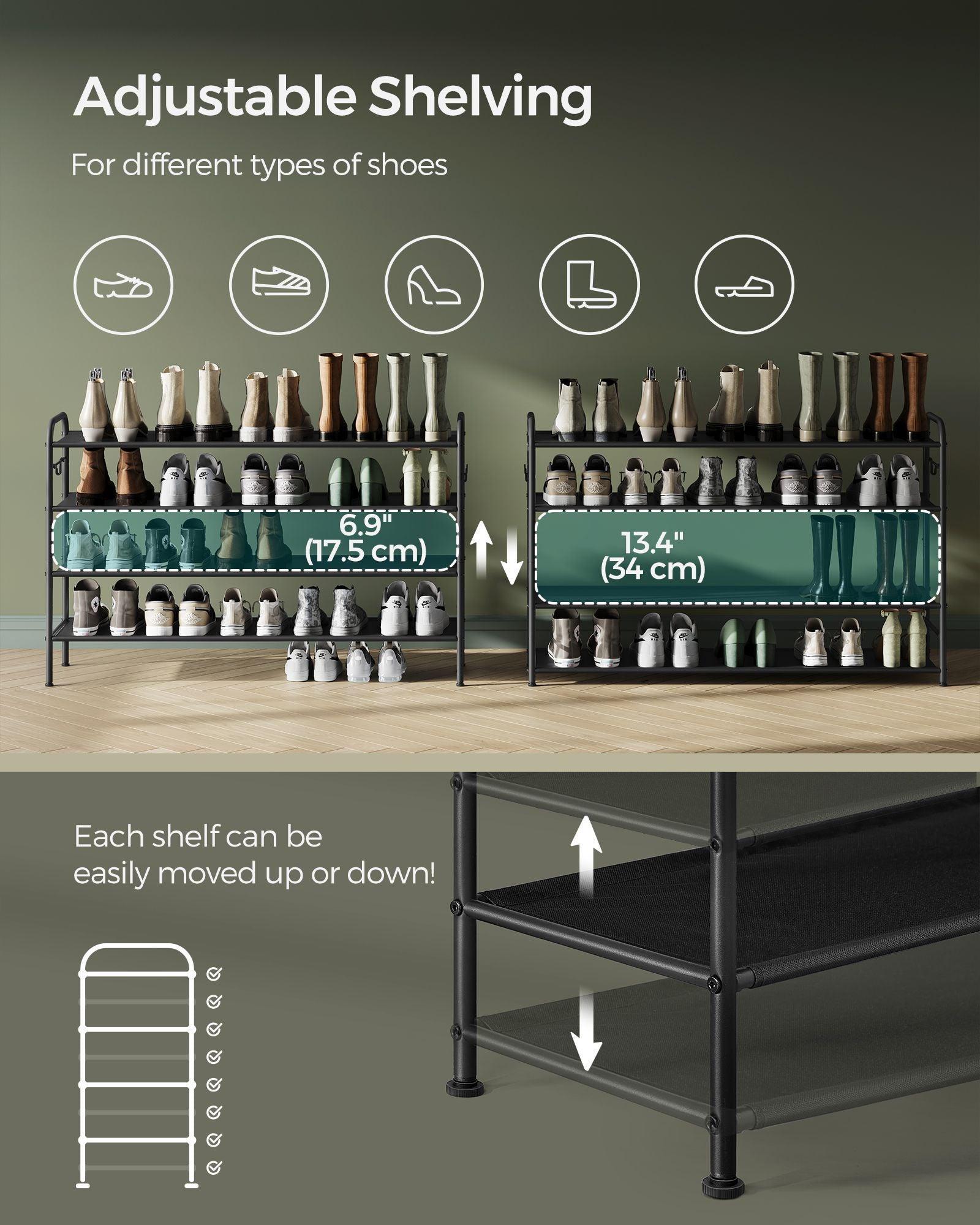 44.9" Wide 4-Tier Fabric Shoe Rack with 4 Hooks Ink Black FredCo