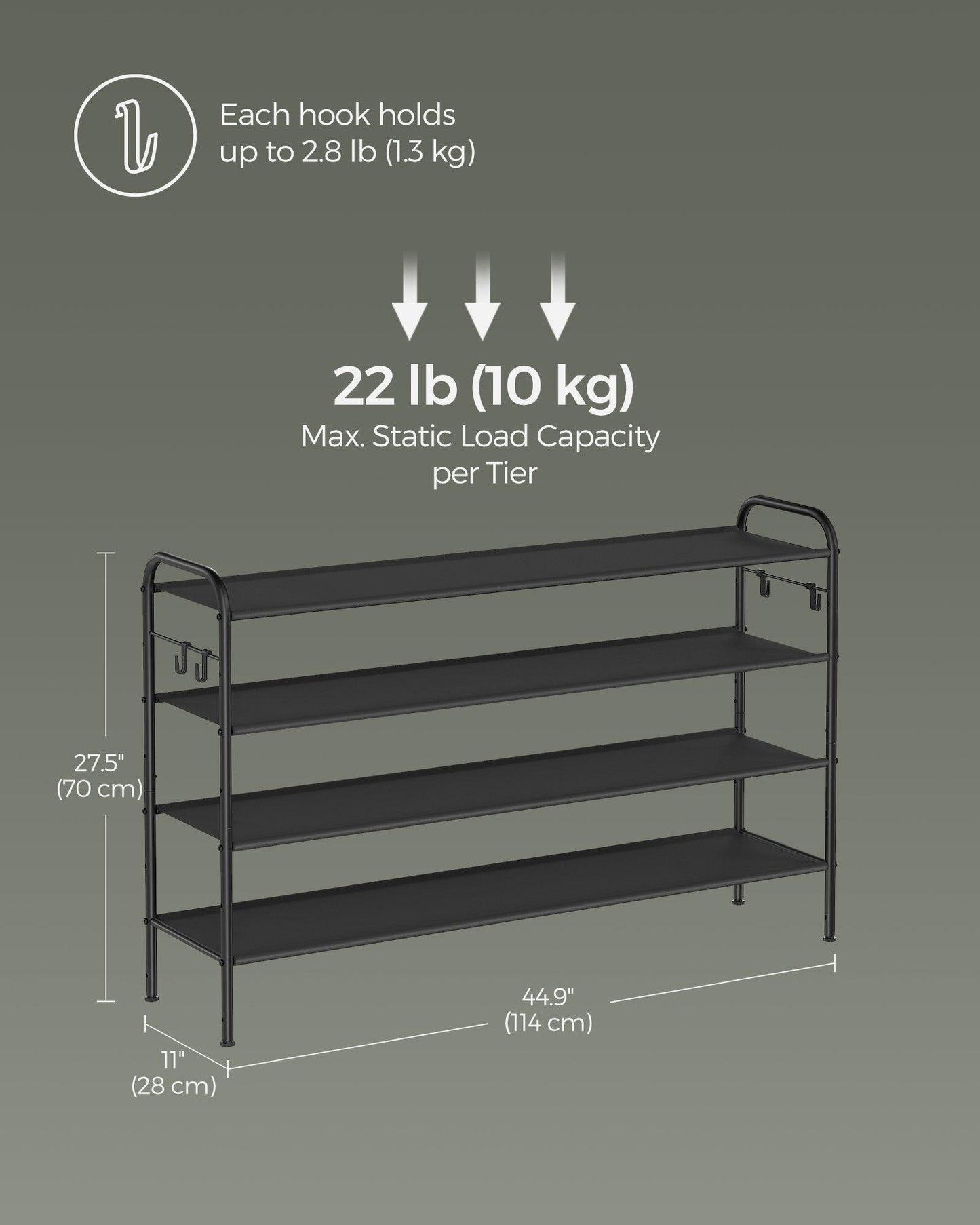 44.9" Wide 4-Tier Fabric Shoe Rack with 4 Hooks Ink Black FredCo