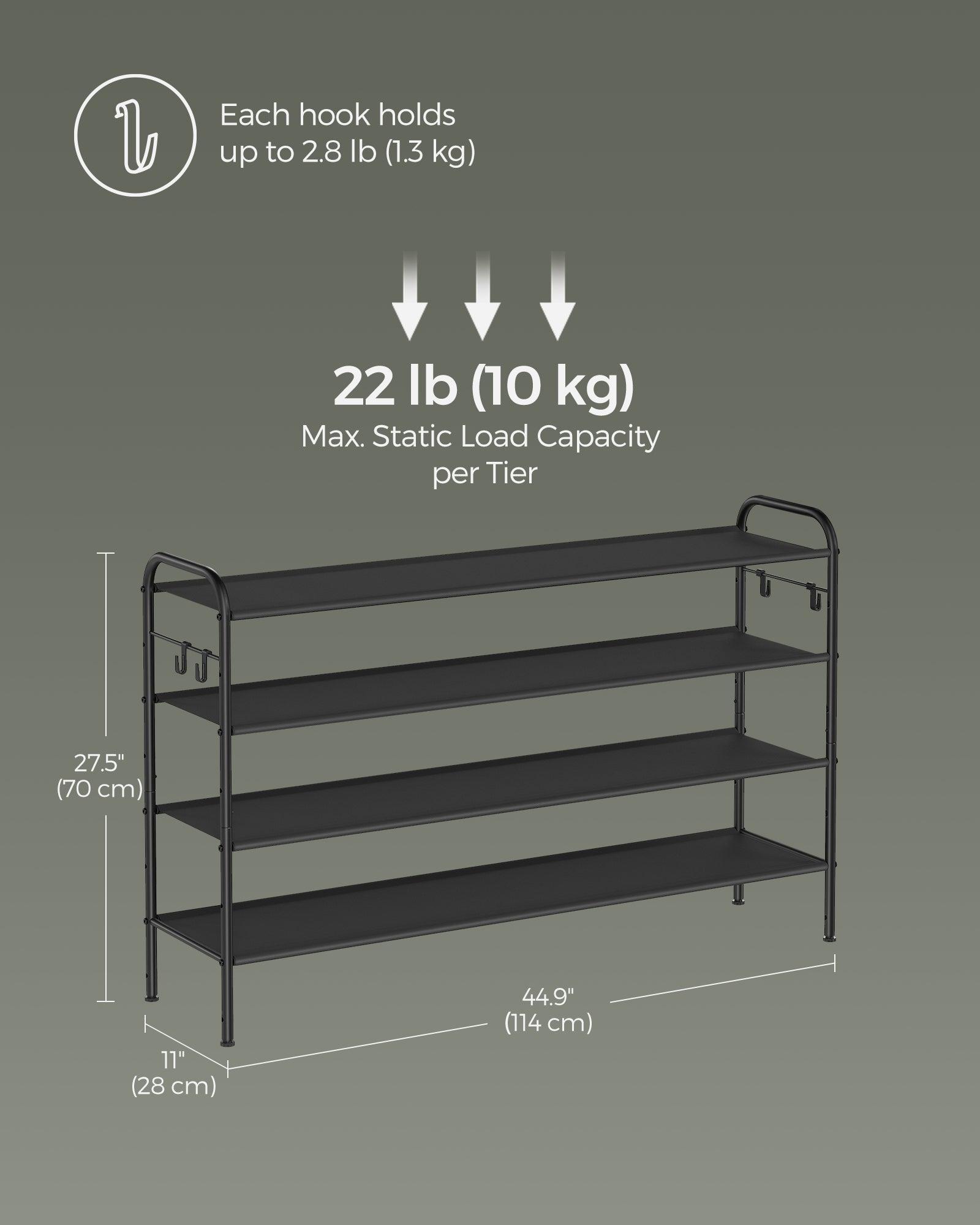 44.9" Wide 4-Tier Fabric Shoe Rack with 4 Hooks Ink Black FredCo