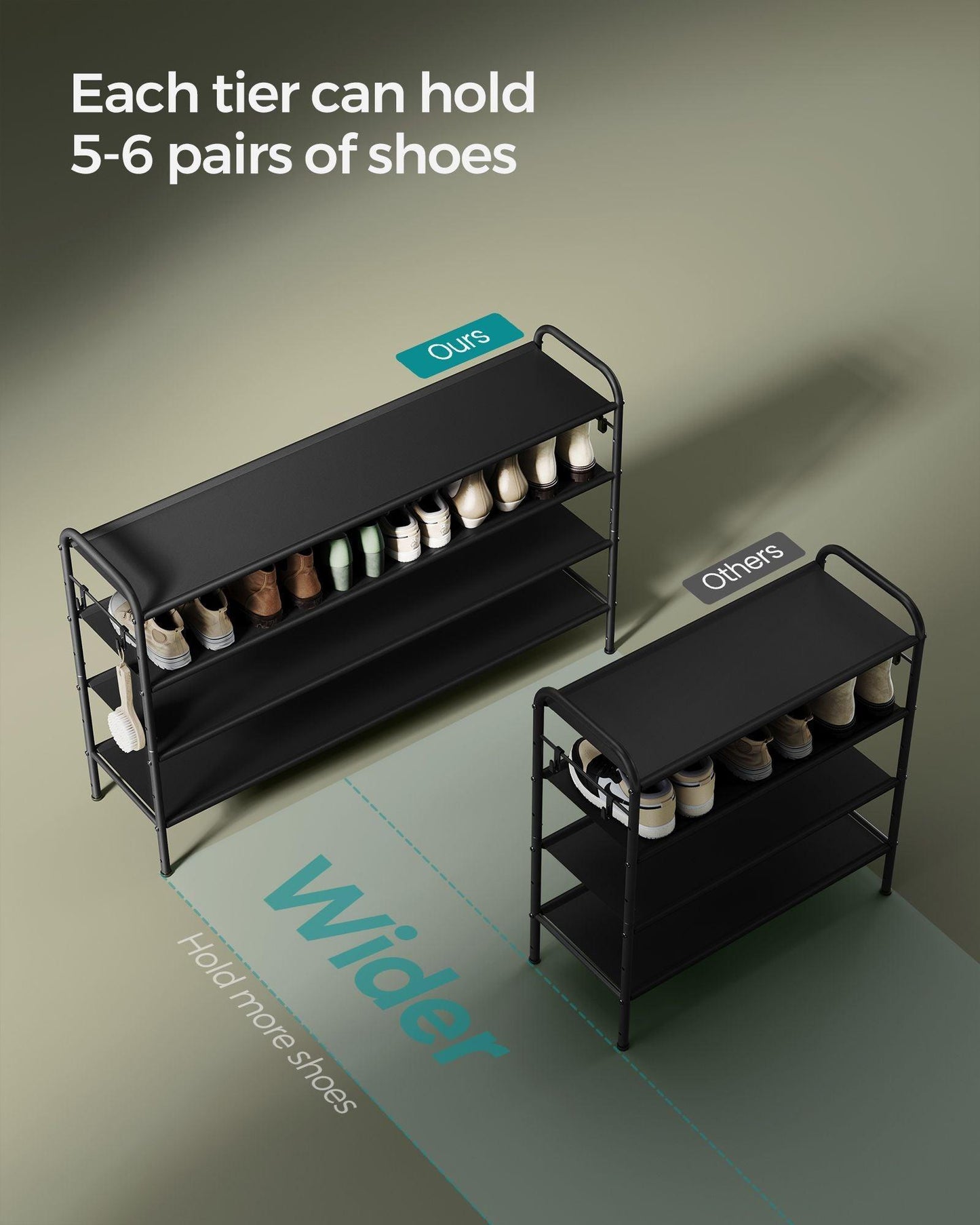 44.9" Wide 4-Tier Fabric Shoe Rack with 4 Hooks Ink Black FredCo