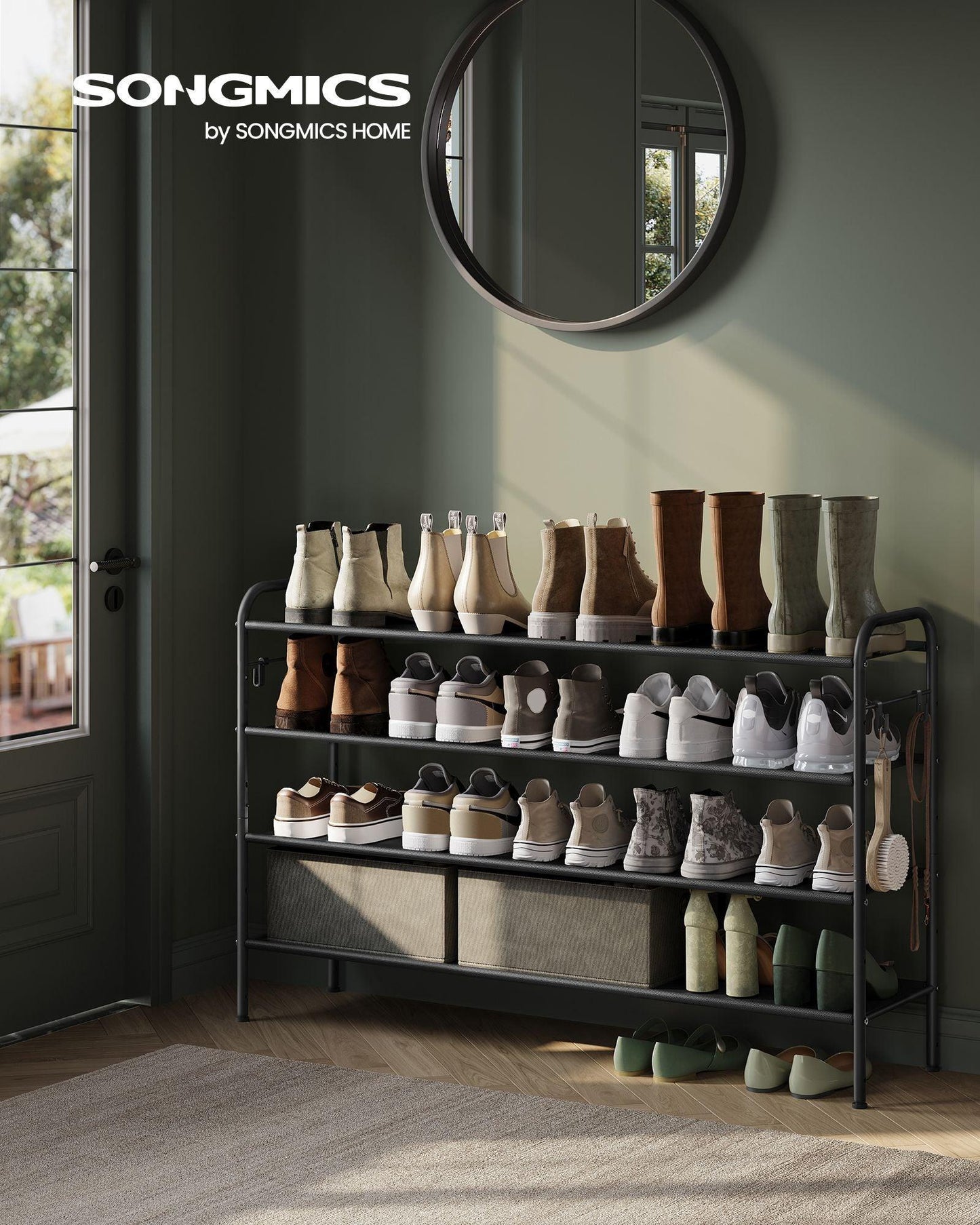 44.9" Wide 4-Tier Fabric Shoe Rack with 4 Hooks Ink Black FredCo