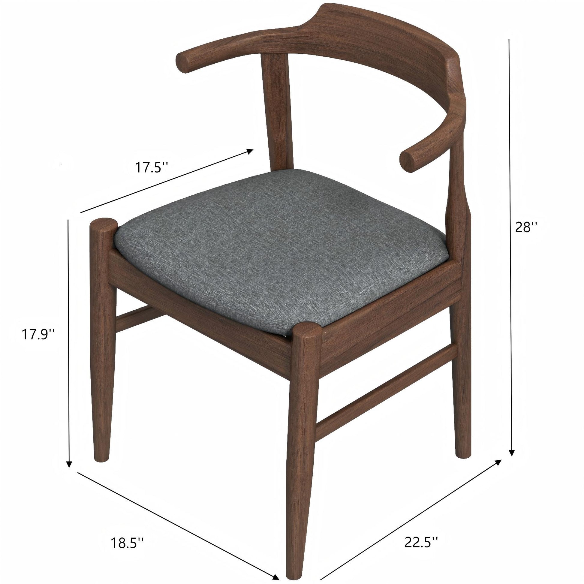 Modern wooden dining chair with curved backrest, gray cushioned seat, and listed dimensions.