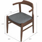 Modern wooden dining chair with curved backrest, gray cushioned seat, and listed dimensions.