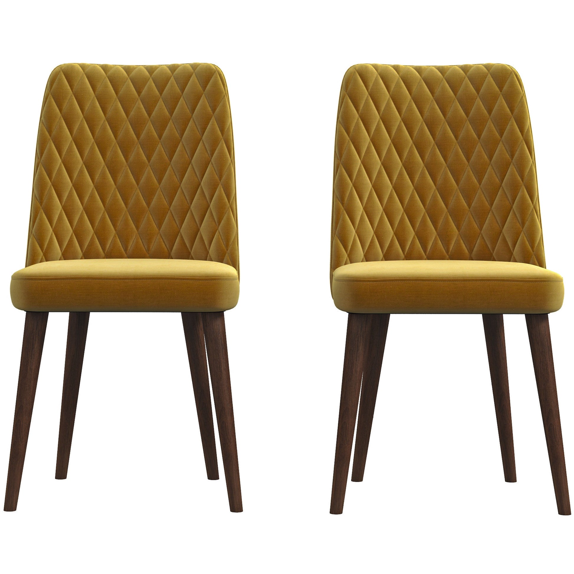 Pair of modern yellow velvet dining chairs with diamond stitching and wood legs from FredCo International