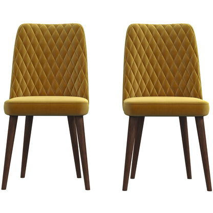 Pair of modern yellow velvet dining chairs with diamond stitching and wood legs from FredCo International