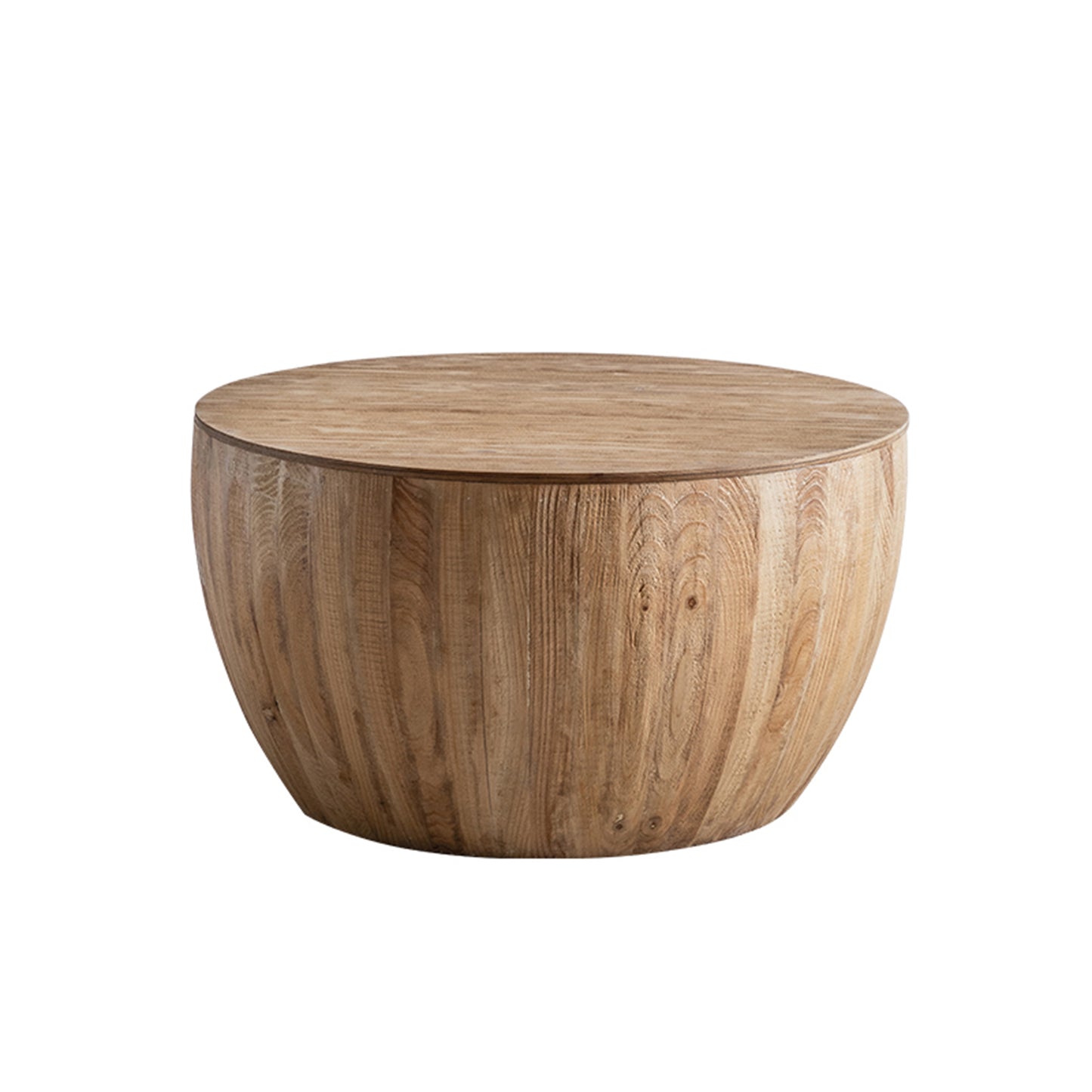 Vintage Style Barrel Coffee Table with Storage in Natural Finish, Solid Wood and MDF, 31.50' Diameter for Living Room, Dining Room, Office