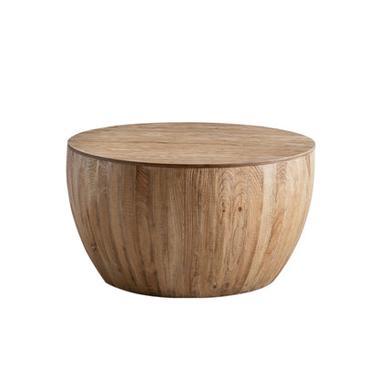 Vintage Style Barrel Coffee Table with Storage in Natural Finish, Solid Wood and MDF, 31.50' Diameter for Living Room, Dining Room, Office